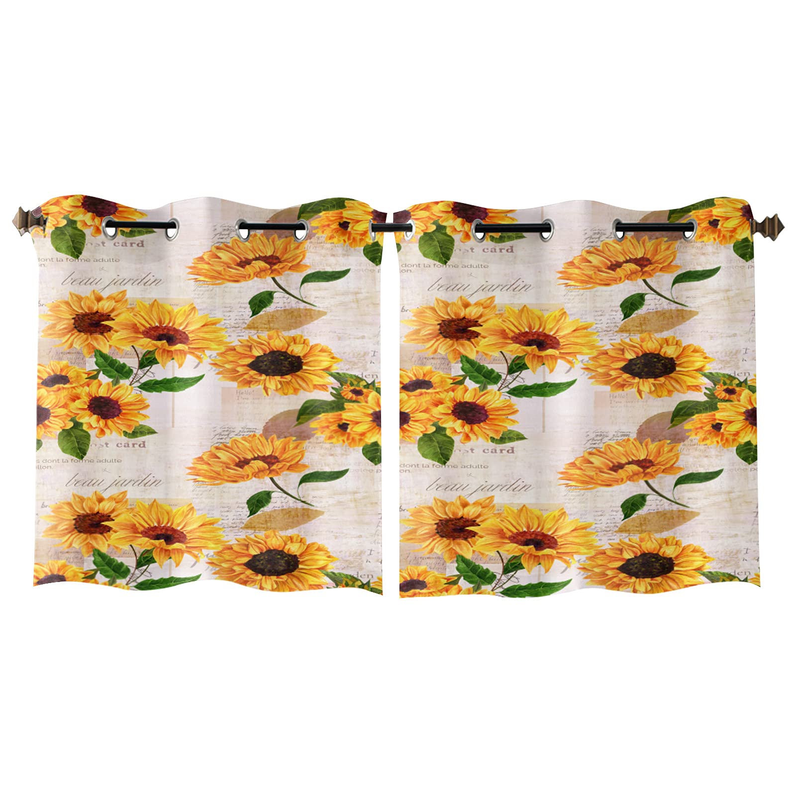 Sunflower Newspaper Print 2-Panel Kitchen Cafe Curtains - 84W x 45L Inch Sunlight Filtering Window Treatment for Bedroom, Living Room & Kitchen Decor | Perfect for Farmhouse, Cottage & Vintage Style Homes
