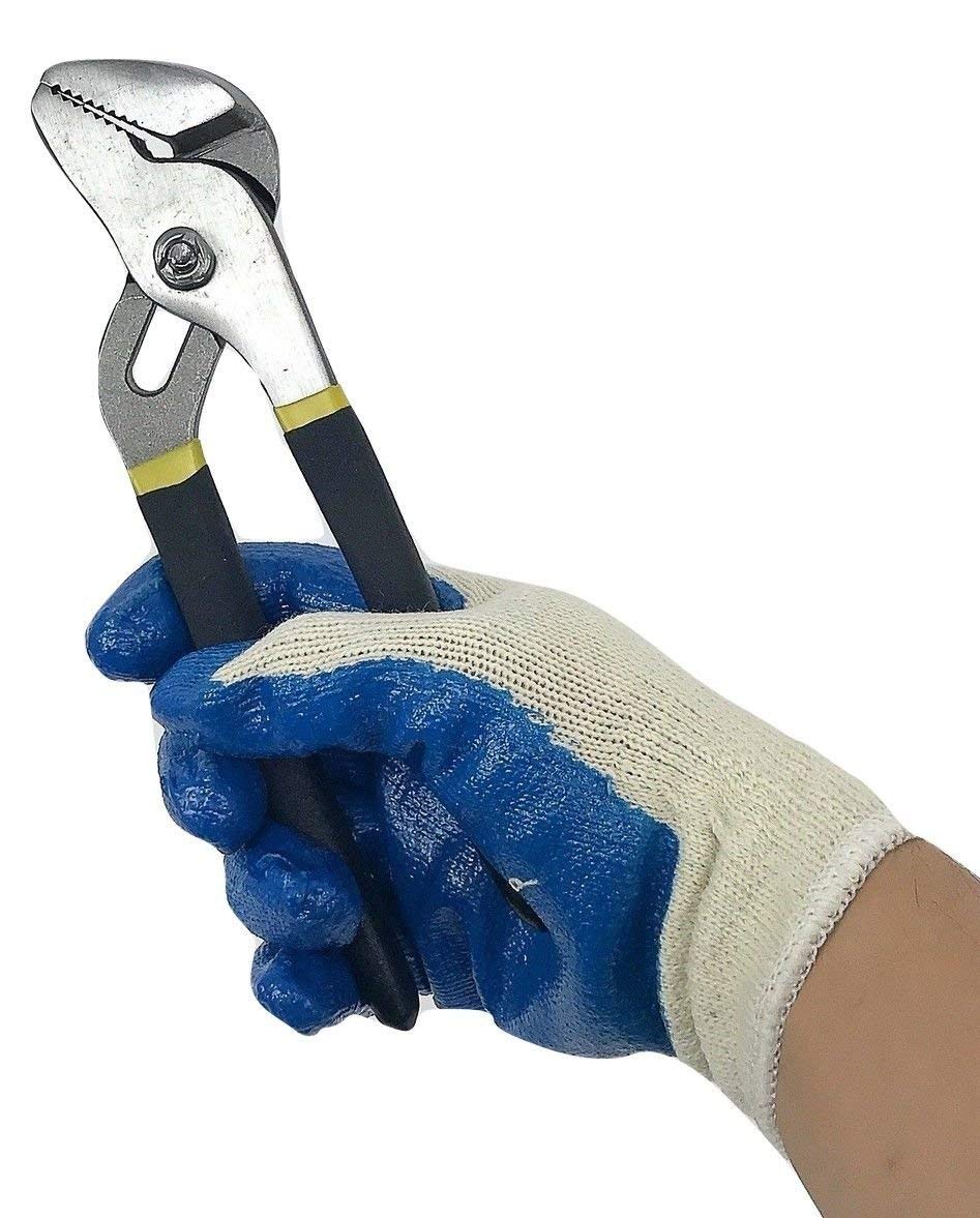 Economical String Knit Latex Dipped Palm Work Gloves - Nitrile Coated, One Size Fits All, Blue (100 Pairs) - Ideal for Gardening, Construction, and General Labor Tasks
