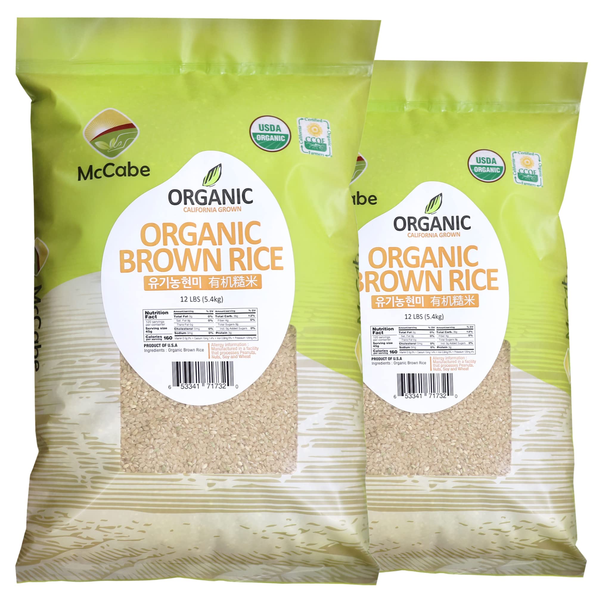 Organic Brown Rice by McCabe - USDA & CCOF Certified | High in Fiber & Minerals | 12Lbs (Pack of 2) | Perfect for Healthy Meals, Meal Prep & Vegan Cooking | Product of USA