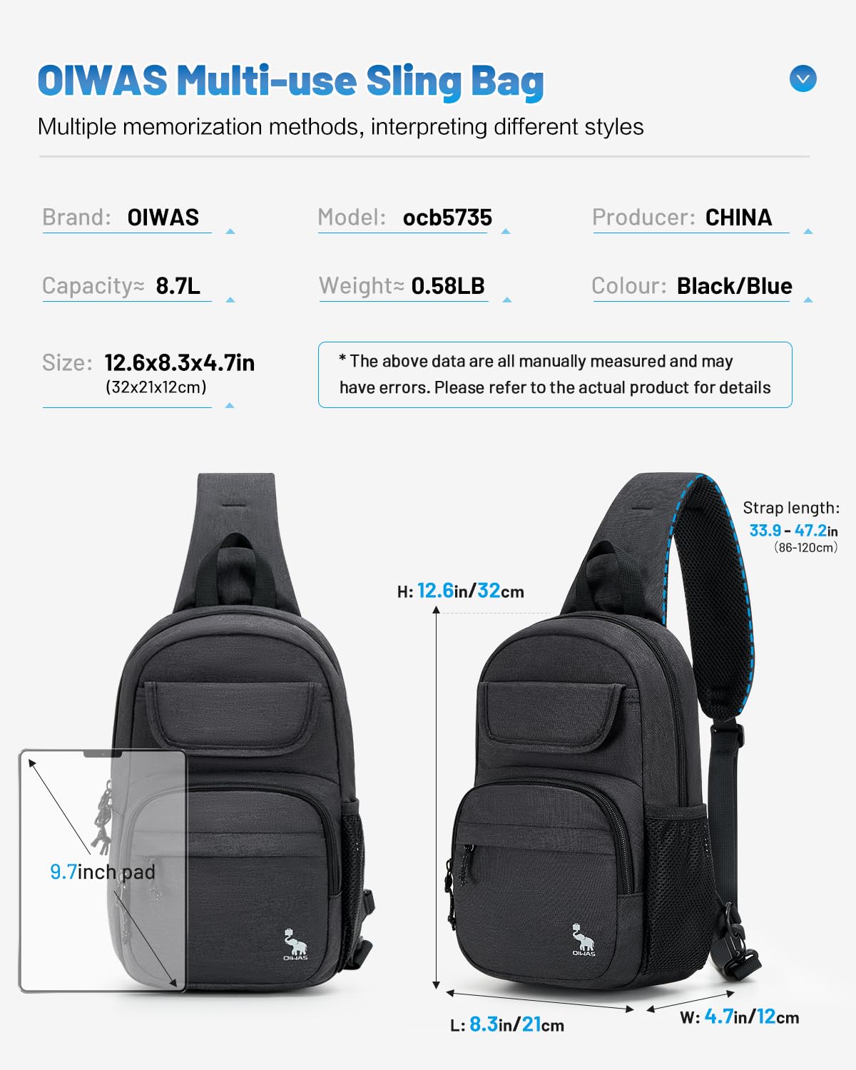 OIWAS Sling Bag for Men & Women - Hiking Crossbody Backpack for Outdoor