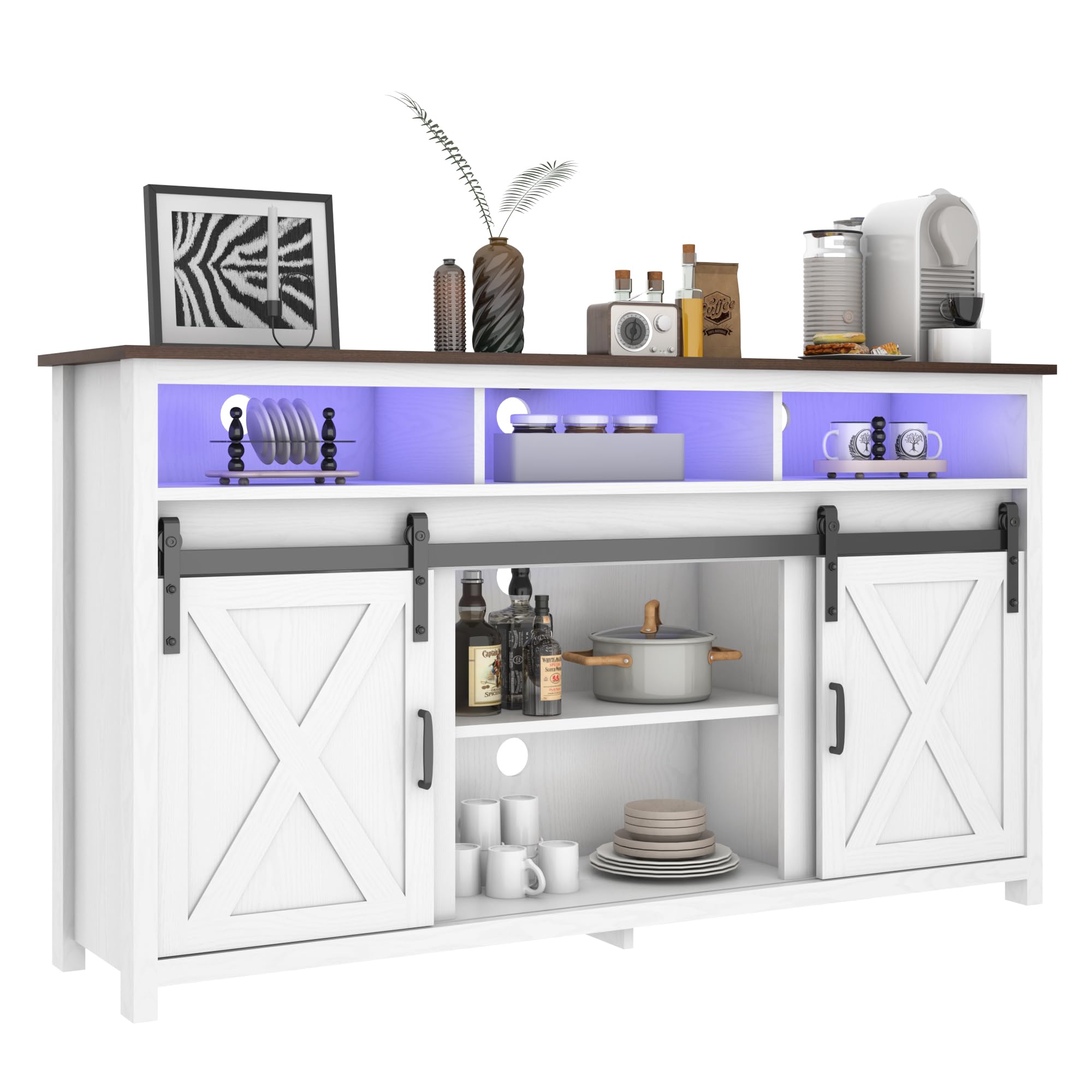 Rustic Farmhouse Coffee Bar Cabinet with Power Outlet - Wooden Sideboard Buffet Storage Cabinet with Shelves - White Kitchen & Dining Room Serving Table Cupboard for Coffee Station, Living Room Decor