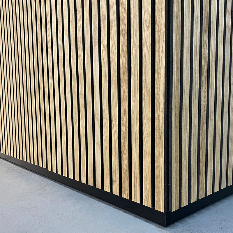 KENTO 180cm Modern Reception Desk with Timber Slat Acoustic Panel in Black & Oak - Perfect for Office Lobby, Hotel Front Desk, and Corporate Waiting Areas