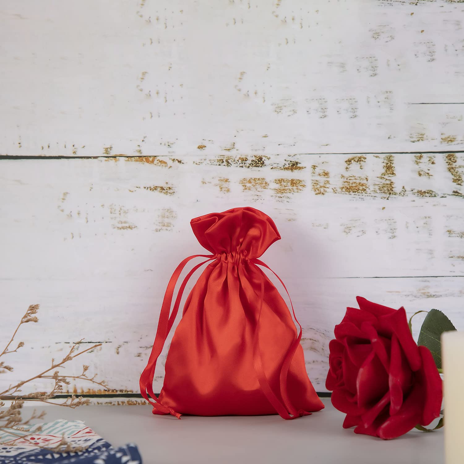 50 Pack 5X7 Inch Red Satin Drawstring Gift Bags - Small Jewelry Pouches for Wedding Favors, Baby Showers, Party Favors & Special Occasions | Perfect for Bridesmaid Gifts, Christmas Presents & Birthday Party Decorations