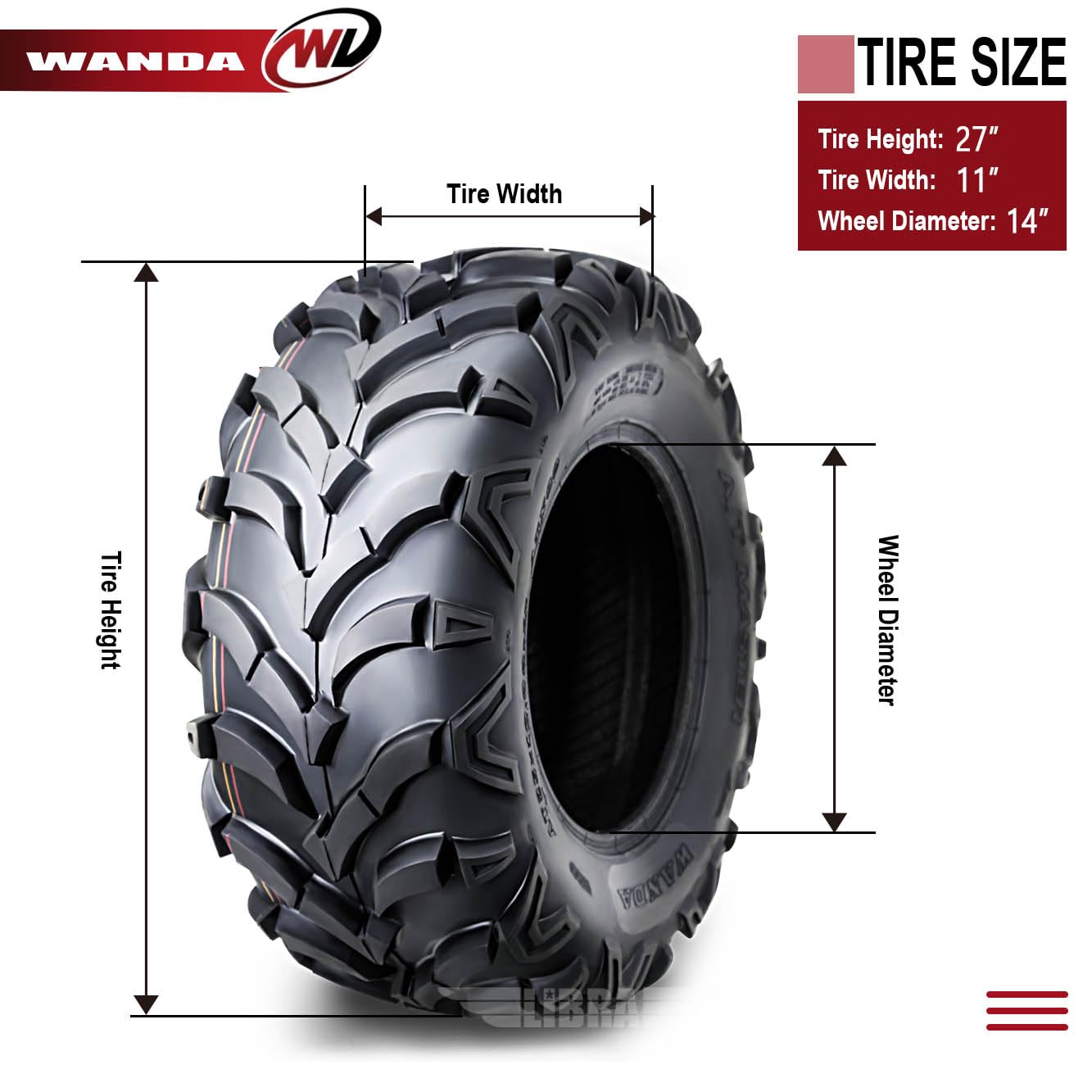 2-Pack WANDA UTV/ATV Tires 27x11-14 8PR Heavy Duty Mud Tires with 20mm Deep Tread - Perfect for Off-Roading, Trail Riding & Mud Adventures