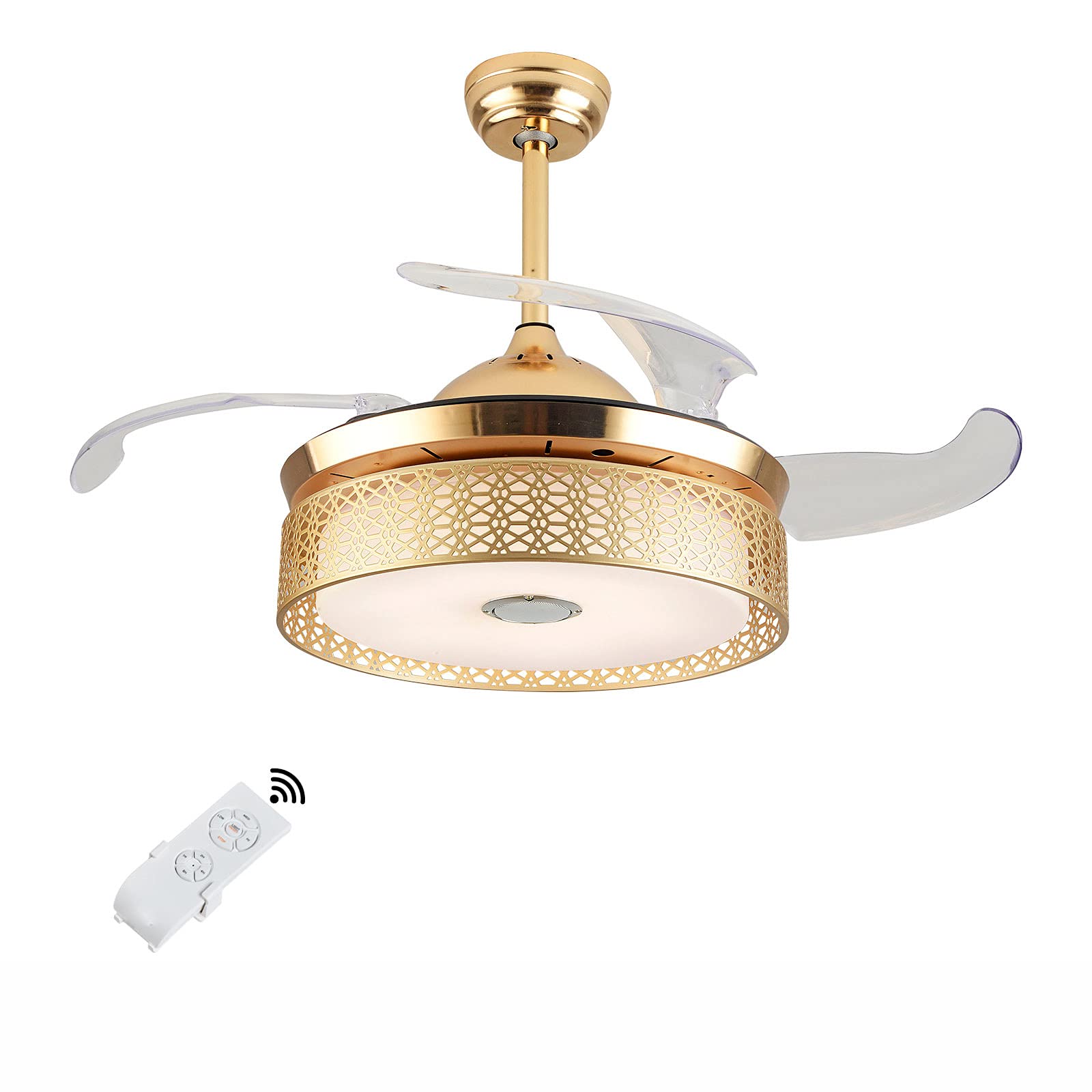 Modern Retractable Ceiling Fan with Light & Bluetooth Speaker - Remote Control, Low Profile, Dimmable Chandelier Fan for Living Room Bedroom (42