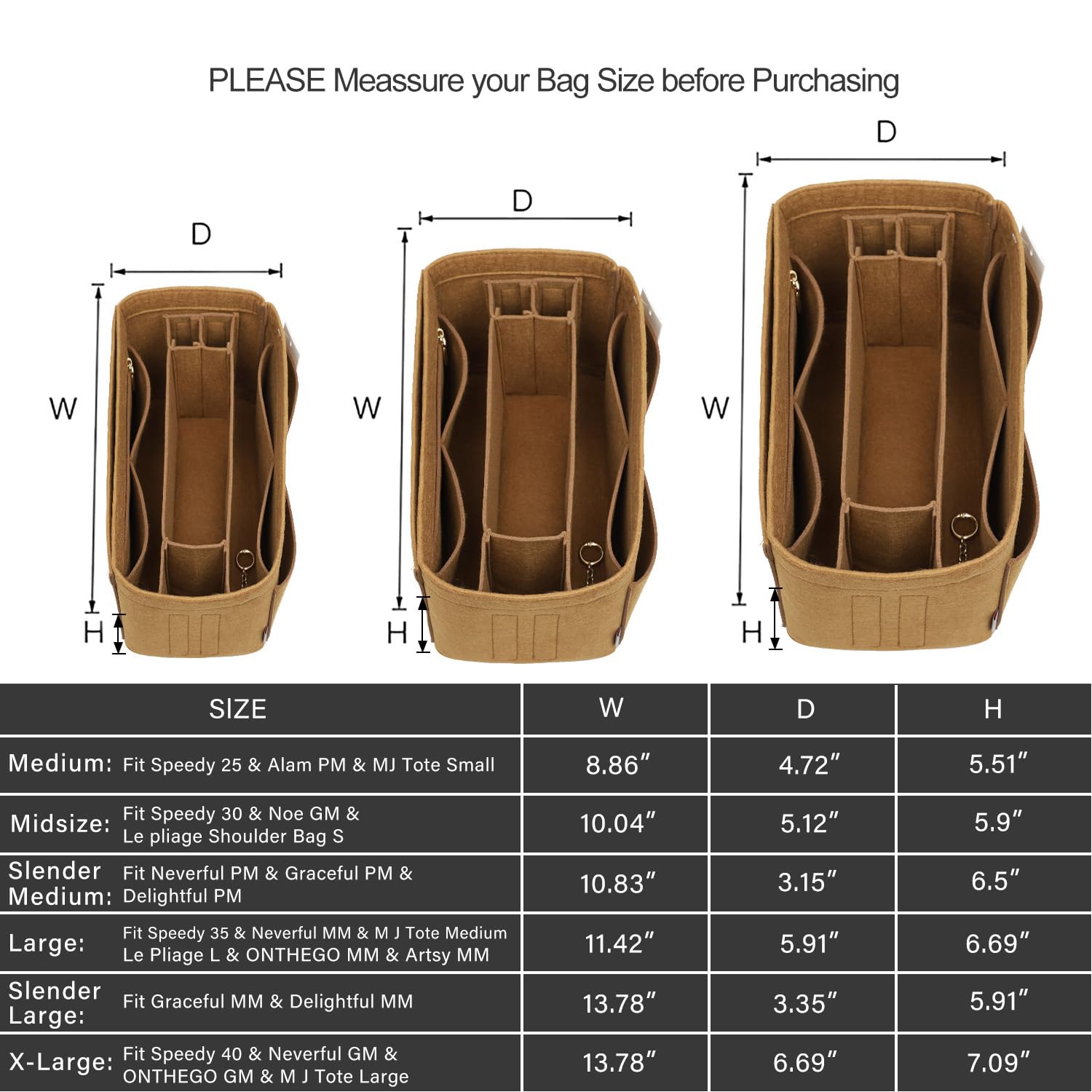 Premium Felt Purse Organizer Insert with Zipper & Sewn Bottom - 6 Sizes for Louis Vuitton Speedy, Neverfull, Graceful Handbags | Perfect for Travel, Work & Daily Organization