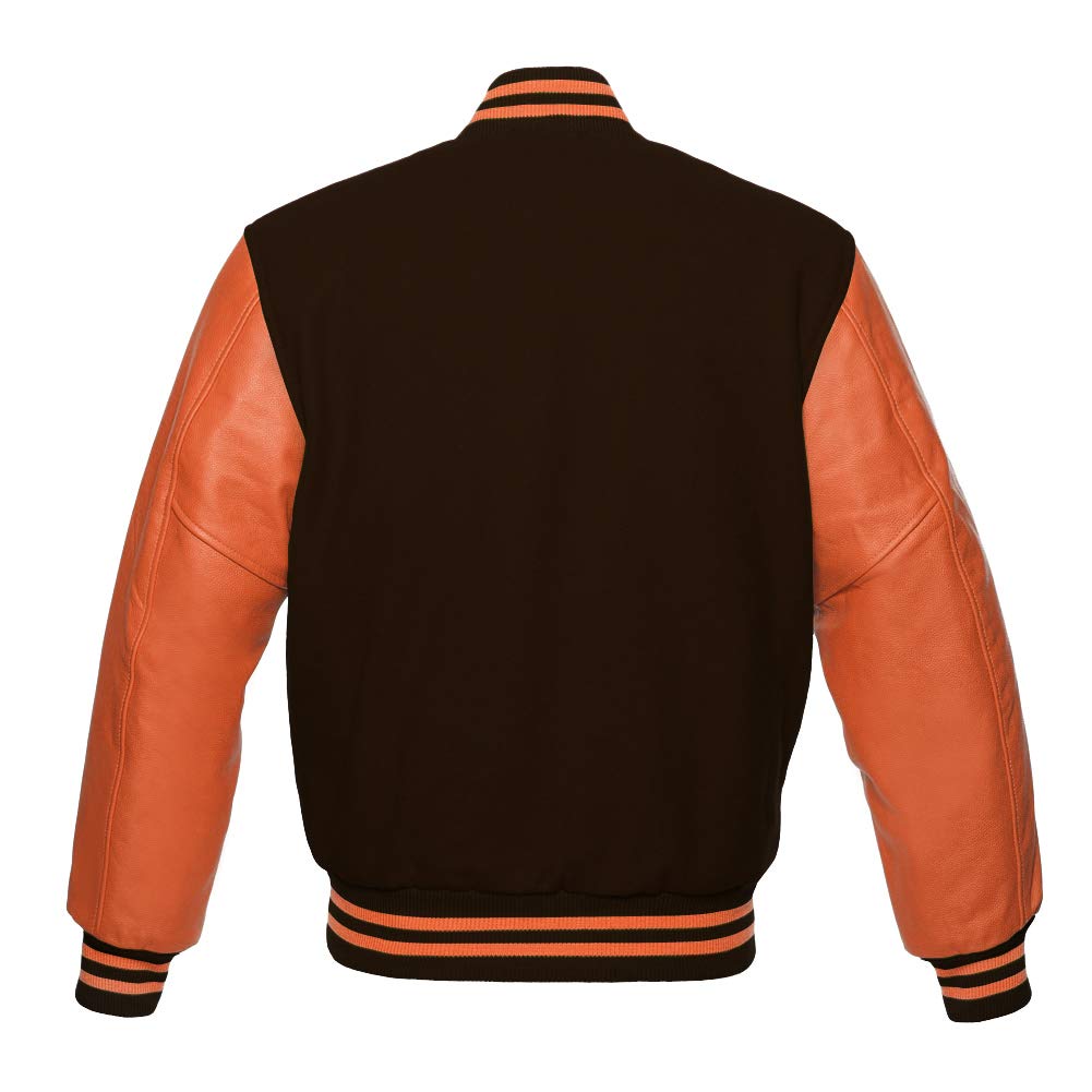 Varsity Baseball Letterman Jacket - Premium Wool Body & Genuine Orange Leather Sleeves - Zippered Bomber Style for High School & College - Perfect for Sports Teams, Letter Awards & Casual Wear