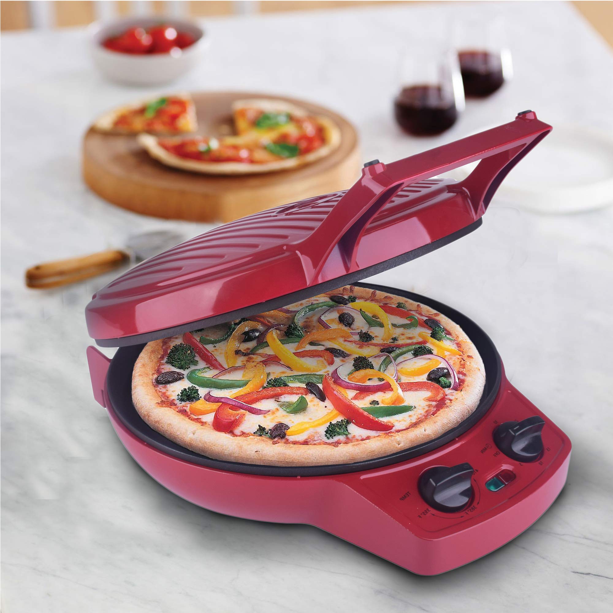 12 Inch Courant Pizza Maker & Calzone Maker with Timer & Temperature Control - 1440W Electric Pizza Oven & Indoor Grill (Red) - Perfect for Home Kitchen, Parties & Quick Meals