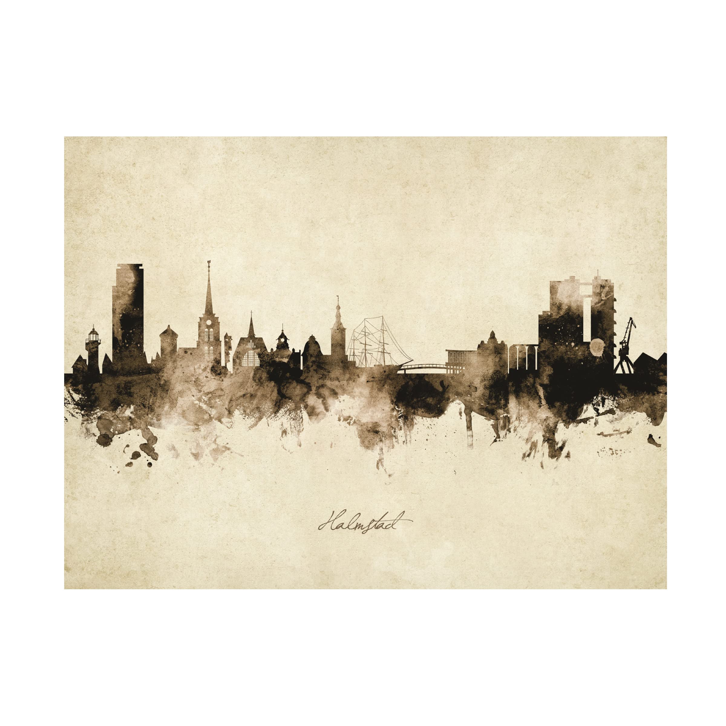 Michael Tompsett Halmstad Sweden Skyline Vintage Canvas Art Print - Scandinavian Wall Decor for Living Room, Bedroom & Office