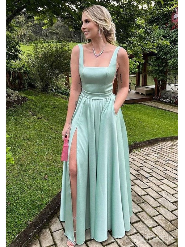 Elegant Mint Green A-Line Square Neck Maxi Long Party Prom Evening Dress - Formal Gown for Weddings, Dances & Special Occasions