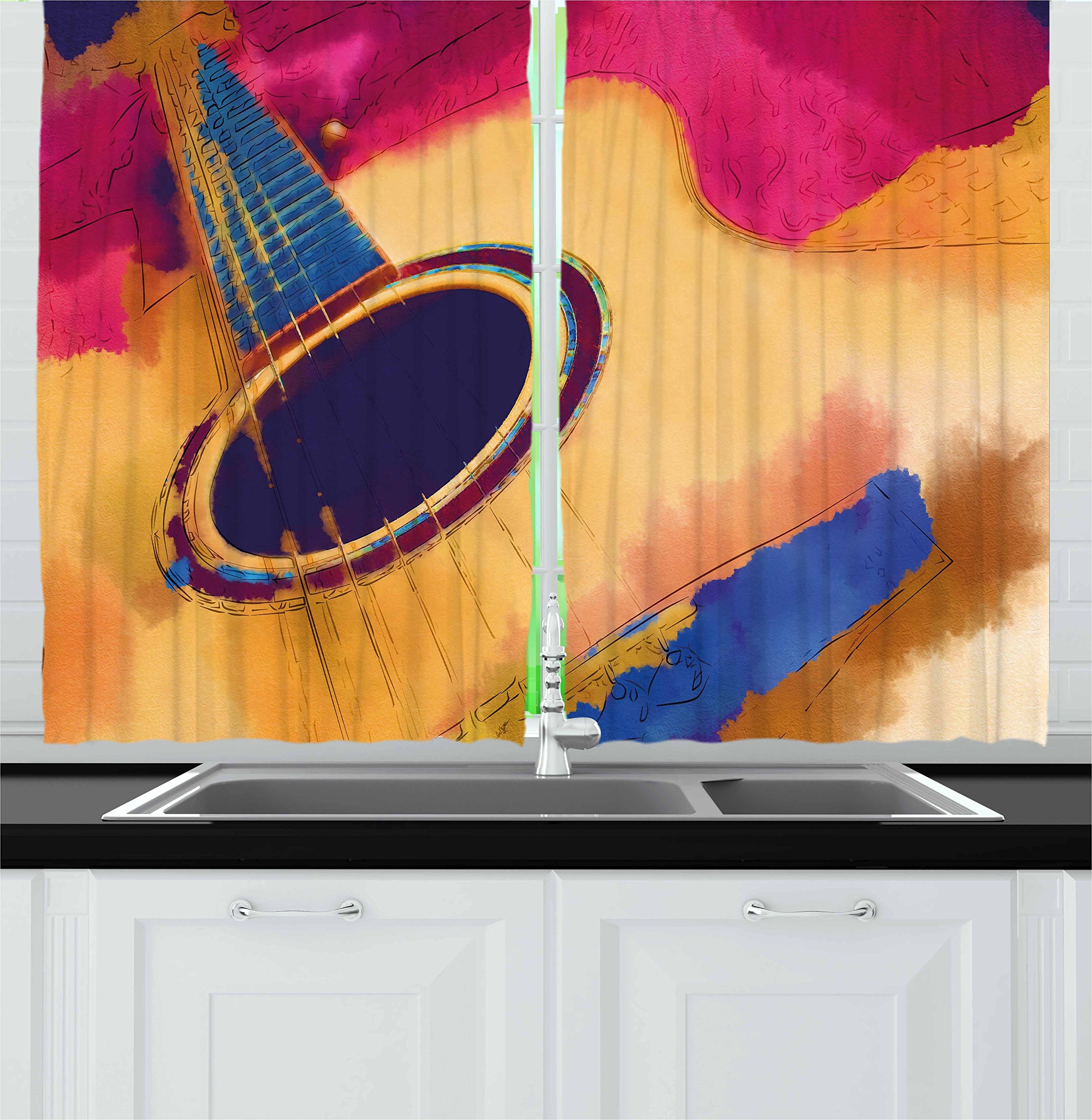 Ambesonne Guitar Print Kitchen Curtains - Abstract Watercolor String Design Vintage Style Window Drapes, 2 Panel Set for Kitchen & Cafe Decor (55x39 Inches, Magenta Violet Blue Mustard) - Perfect for Music Lovers' Homes, Coffee Shops & Retro Themed Spaces