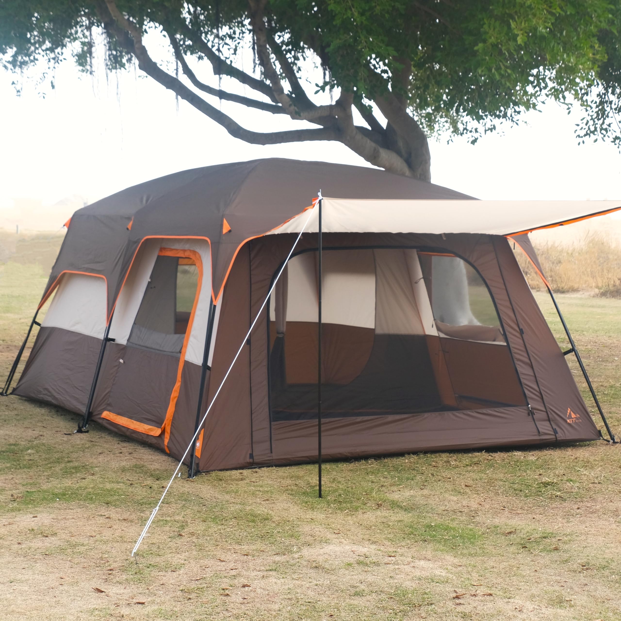 KTT Extra Large Family Cabin Tent for 10-14 People - 2 Rooms, 3 Doors & 3 Mesh Windows, Waterproof Double Layer Straight Wall Design - Perfect for Camping, Picnics, Outdoor Adventures & Family Gatherings