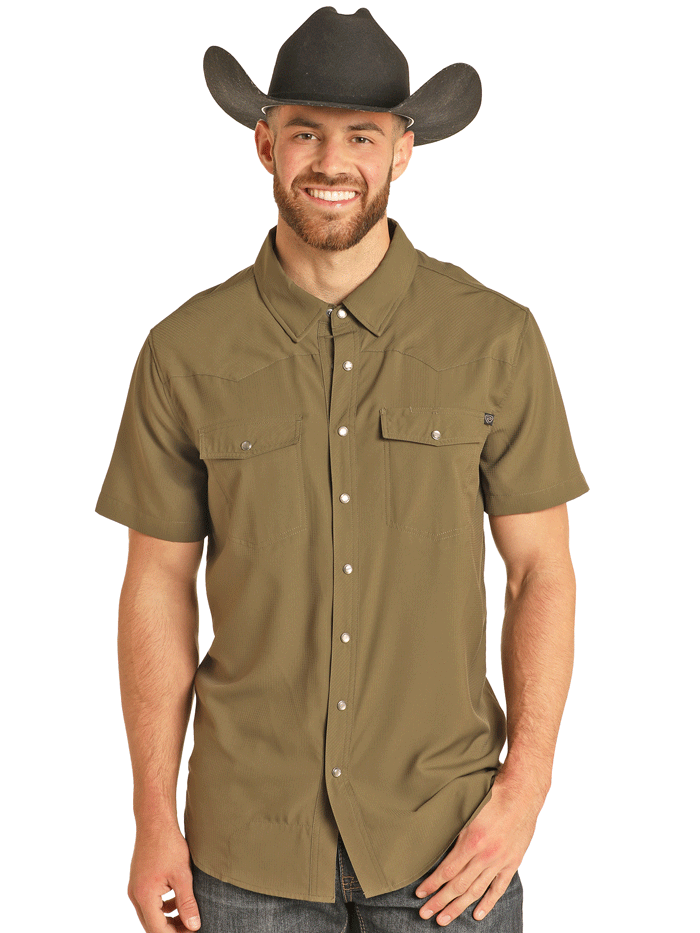 Rock & Roll Denim BMN3S02400 Men's Olive Ripstop Short Sleeve Snap Shirt - Casual Outdoor Wear for Summer Adventures & Music Festivals