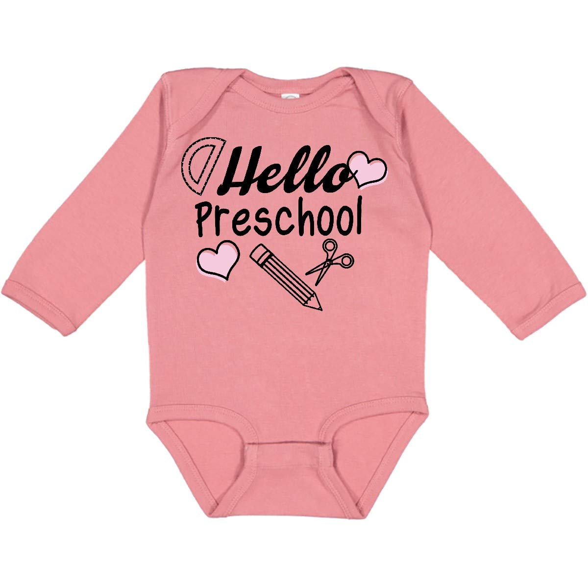 Inktastic Hello Preschool with Hearts and School Supplies Long Sleeve Baby Bodysuit - Perfect for Daycare, First Day of School & Photo Shoots