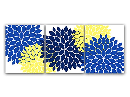 Blue, Yellow & Navy Flower Burst Wall Art Prints - Modern Home Decor Canvas Painting for Living Room, Bedroom & Office - HOME44