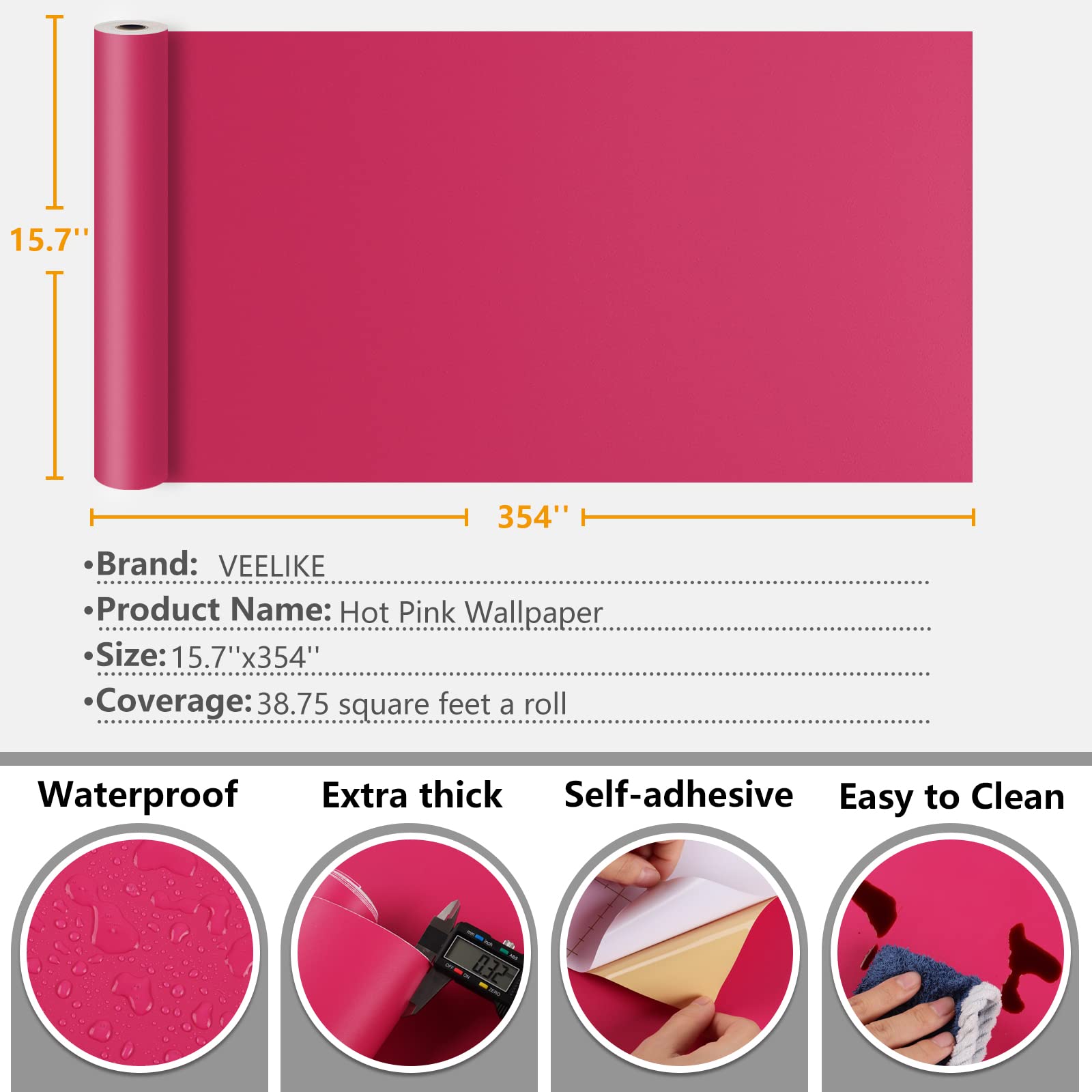 VEELIKE 15.7''x354'' Magenta Pink Peel and Stick Wallpaper - Self-Adhesive Vinyl Contact Paper for Cabinets, Shelves & Walls - Removable Decorative Wallpaper for Girls Bedroom, Nursery & Furniture - Easy DIY Home Decor Upgrade