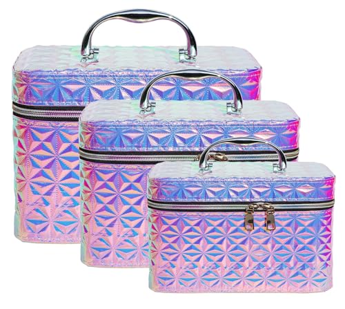 Zusaca Travel Makeup Bag Set of 3 - Large Waterproof Leather Cosmetic Organizer with Mirror, Portable Zipper Pouch Toiletry Bag for Women & Girls (Perfect for Travel, Gym, and Daily Cosmetics Storage)