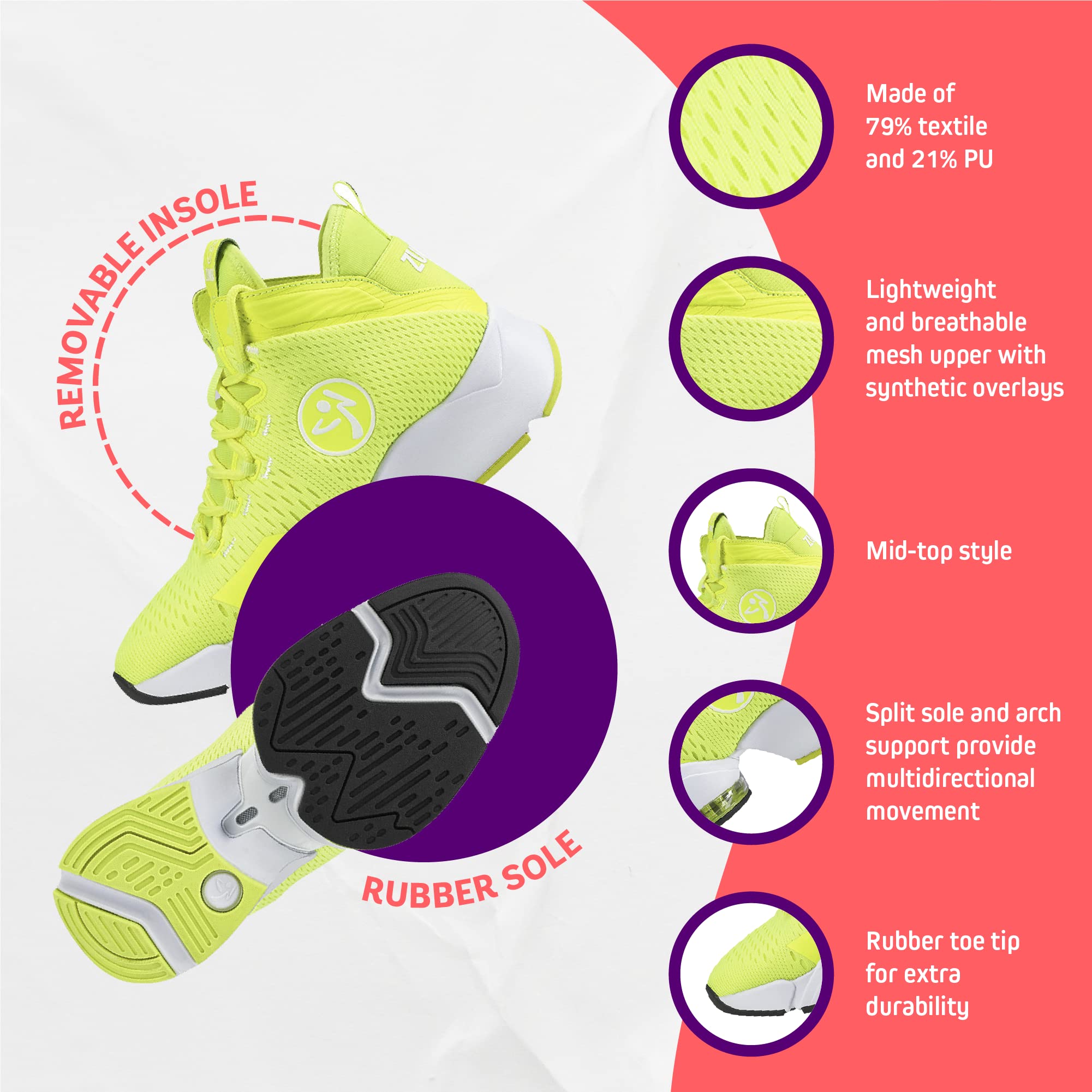 ZUMBA Women's Air Funk Stomp Sneakers - Mid-Top Dance Shoes for Zumba, Jazz & Hip Hop - Lightweight Comfortable Workout Sneakers for Fitness & Dance Classes