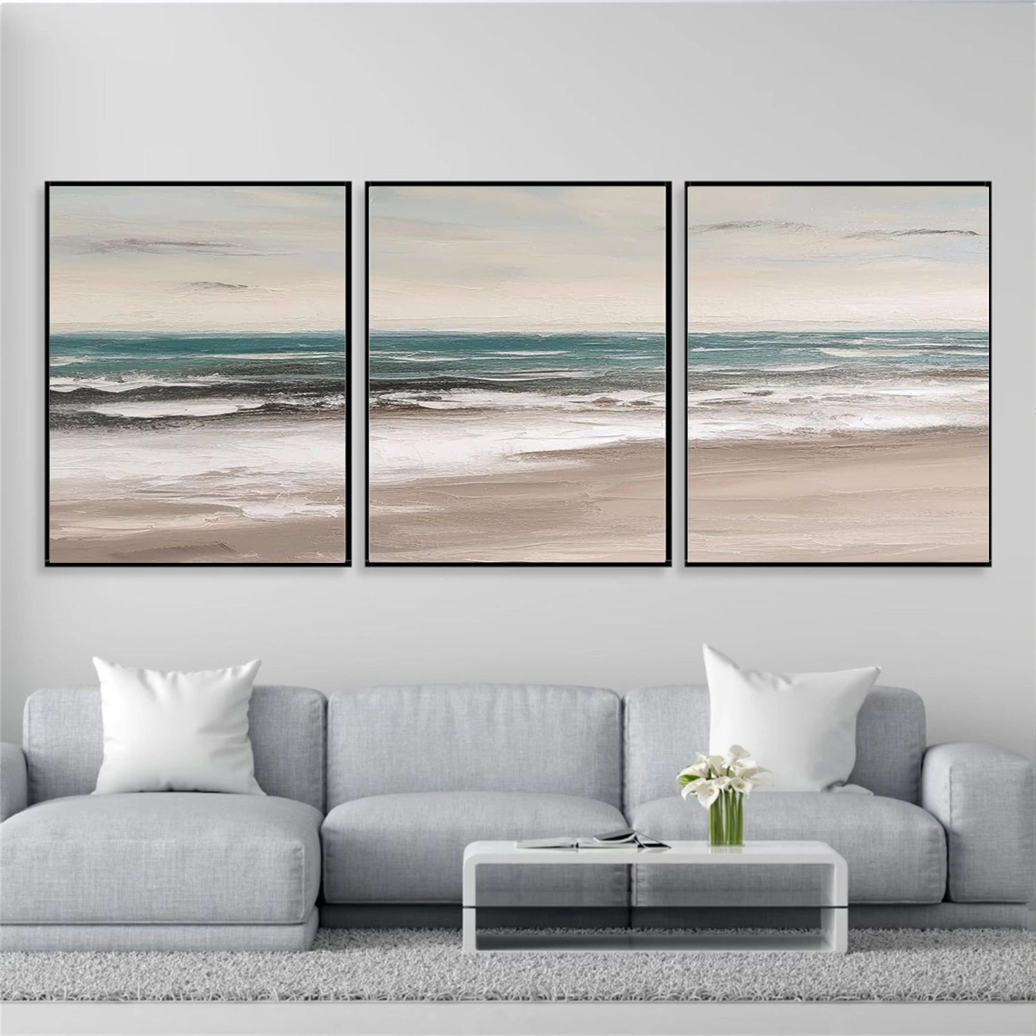 Ocean and Sky Wall Art Set of 3 - Coastal Beach Decor Paintings for Living Room, Bedroom & Office - Modern Seascape Canvas Prints (OS 257)