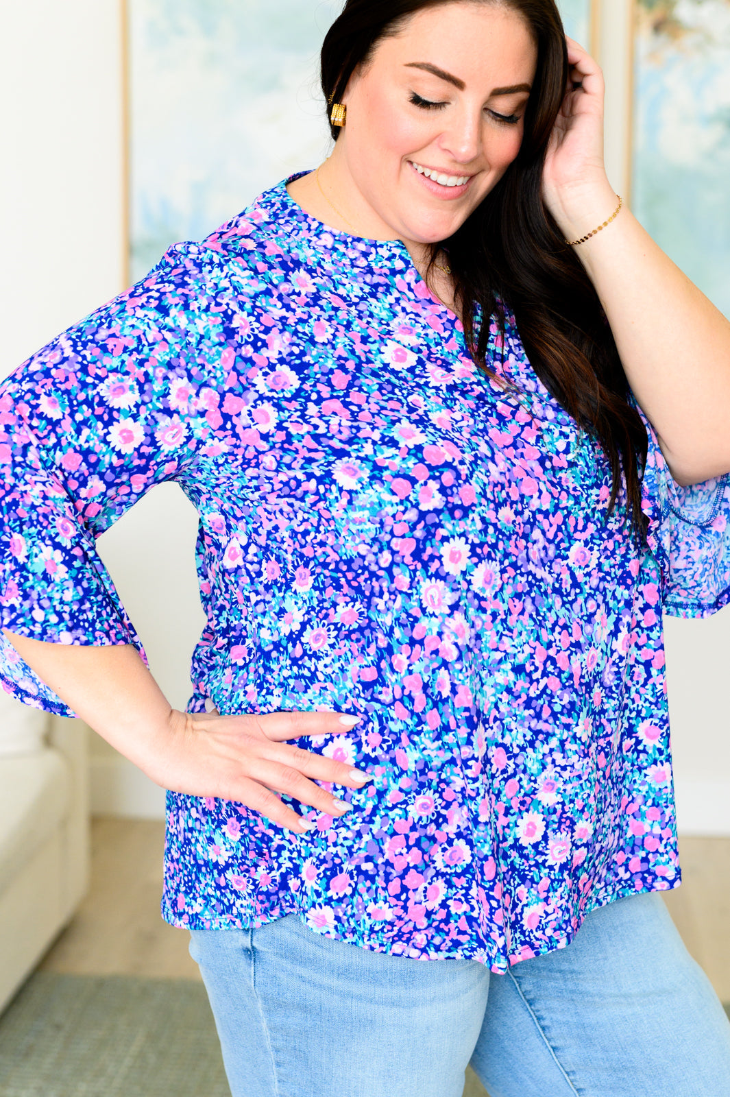Lizzy Bell Sleeve Top Women's Navy & Pink Floral Print Blouse - Perfect for Casual Outings, Office Wear & Spring Fashion