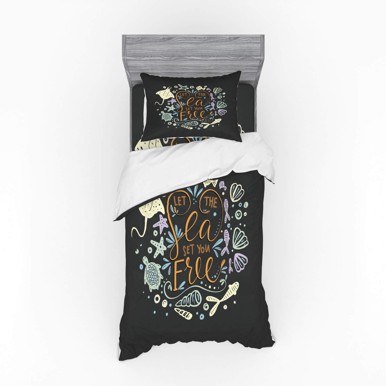 Ambesonne Turtle Duvet Cover Set - Nautical Animal Silhouette Design on Dark Background, 3-Piece Bedding Set with Pillow Sham & Fitted Sheet, Twin Size, Multicolor - Perfect for Beach Themed Bedrooms & Ocean Lovers' Home Decor