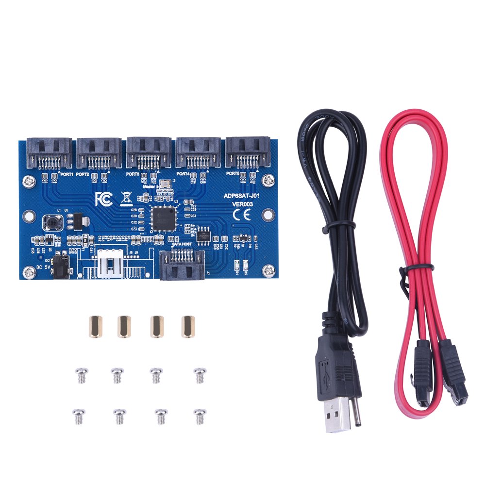 5-Port SATA Port Multiplier Hub - 1 to 5 SATA III Adapter Card with Riser for PC, Laptop, NAS, RAID Storage Expansion | Data Transfer & Hard Drive Duplication Solution