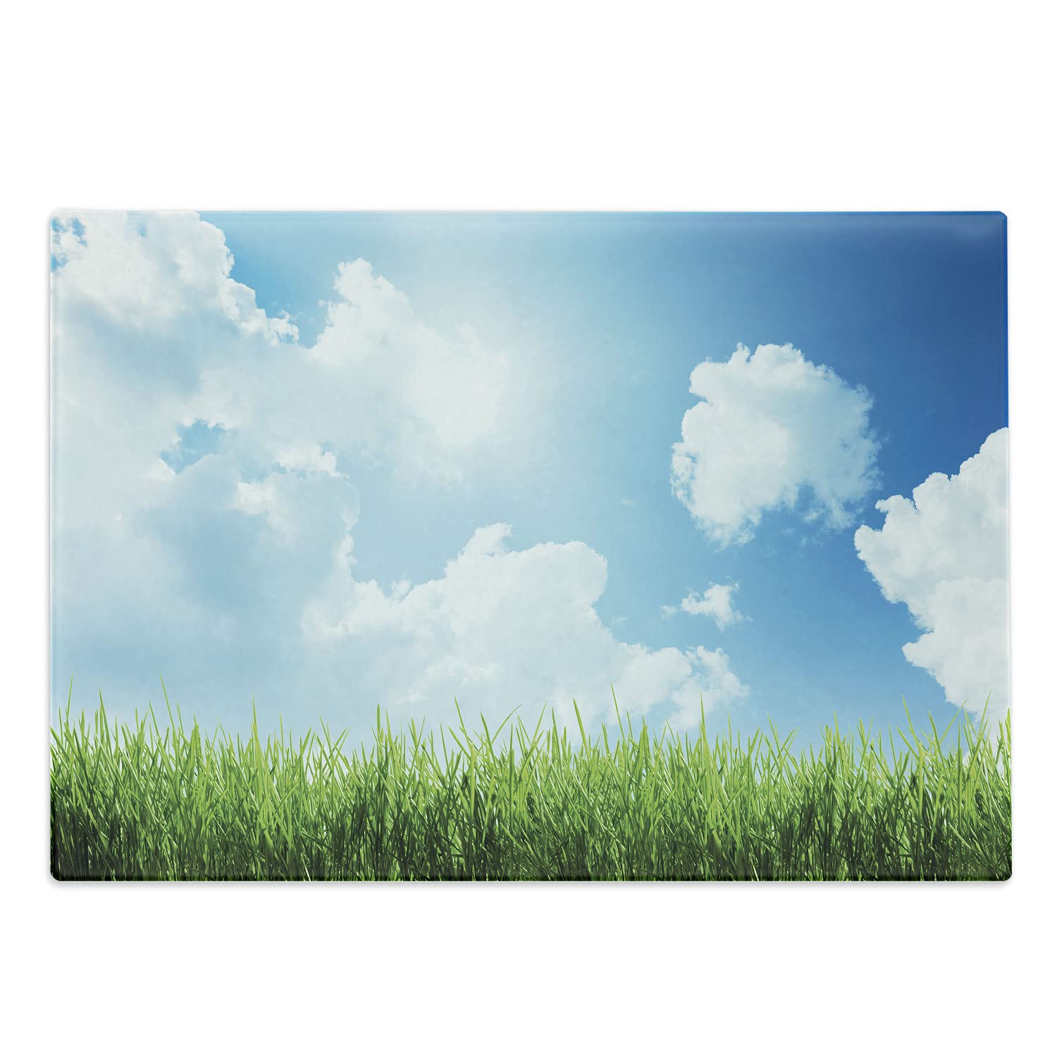 Ambesonne Sky Tempered Glass Cutting Board - Sunny Day with Green Grass, Sun Rays & Clouds - Large Decorative Serving Board for Kitchen, Dining & Entertaining - Blue, Green, White Nature Design