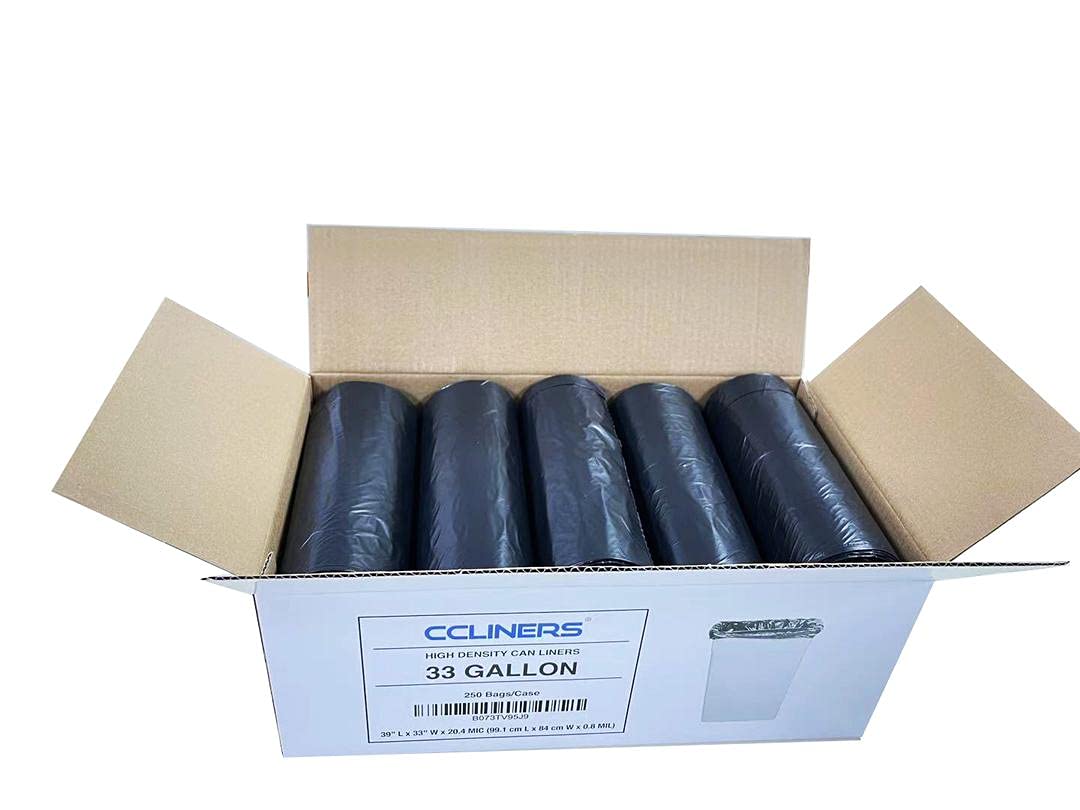 33 Gallon Trash Bags (250 Count Bulk) - 21 Micron Black Garbage Bags for 30-33 Gallon Trash Cans | Medium Duty Kitchen, Office & Bathroom Waste Bin Liners | Tear Resistant & Odor Control