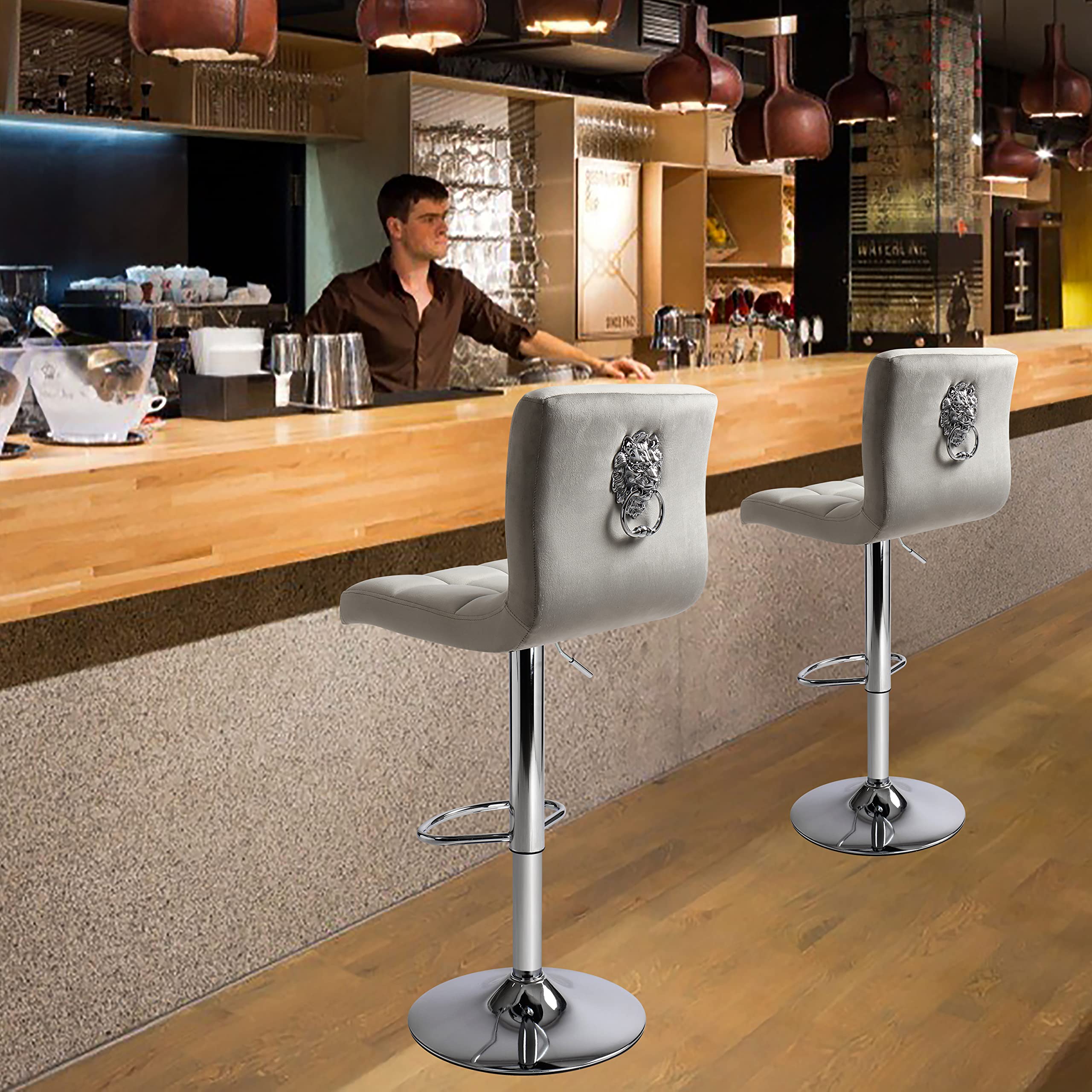 Finnhomy 2-Pack Swivel Bar Stools with Footrest - Adjustable Height Counter Stools, L-Shaped Thick Cushion & Back Handle, Velvet Upholstery in Light Grey - Perfect for Kitchen Islands, Breakfast Bars & Home Decor