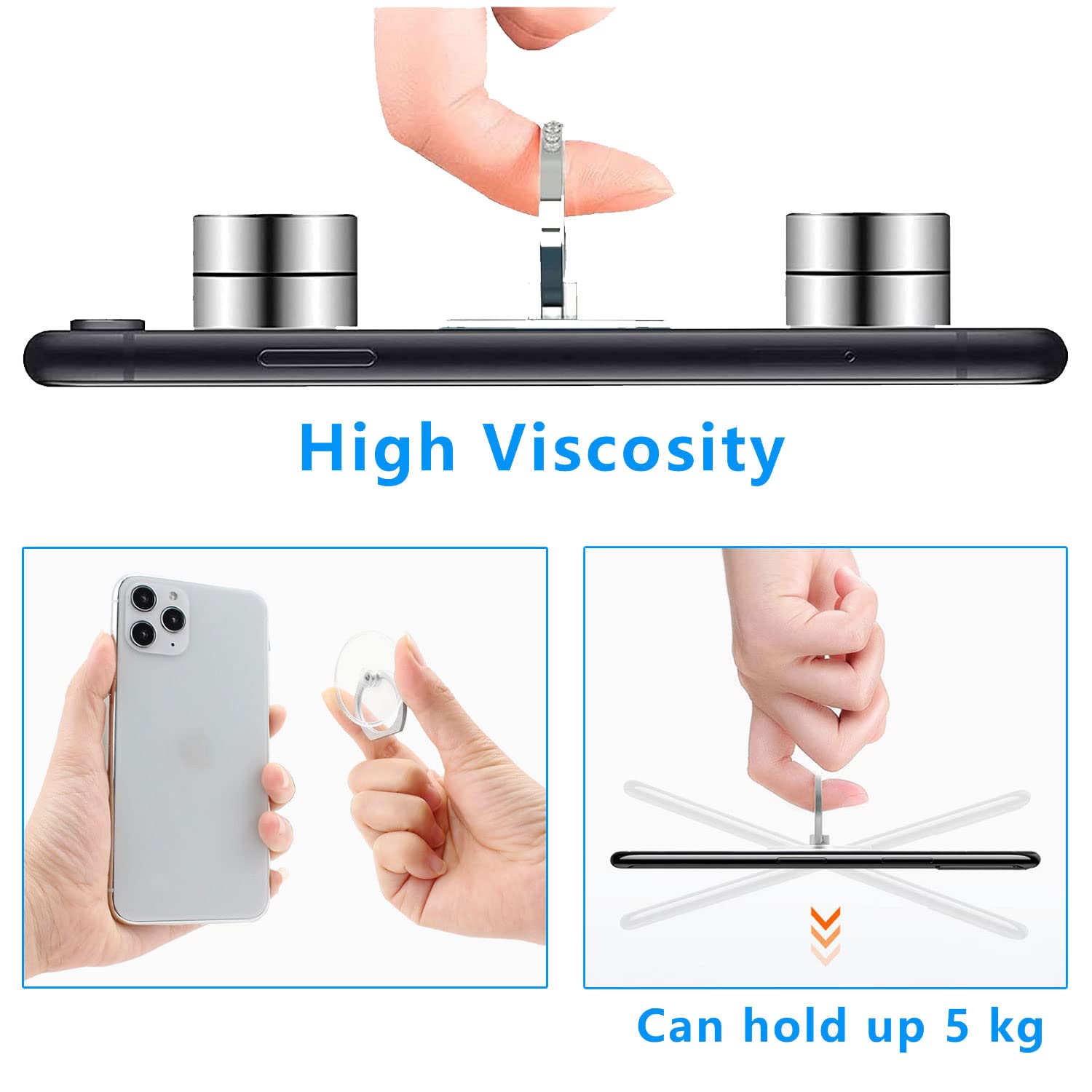 5-Pack Silver & Clear Phone Ring Holder Stand - 360° Rotating Kickstand for Phones & Tablets - Secure Grip for Daily Use