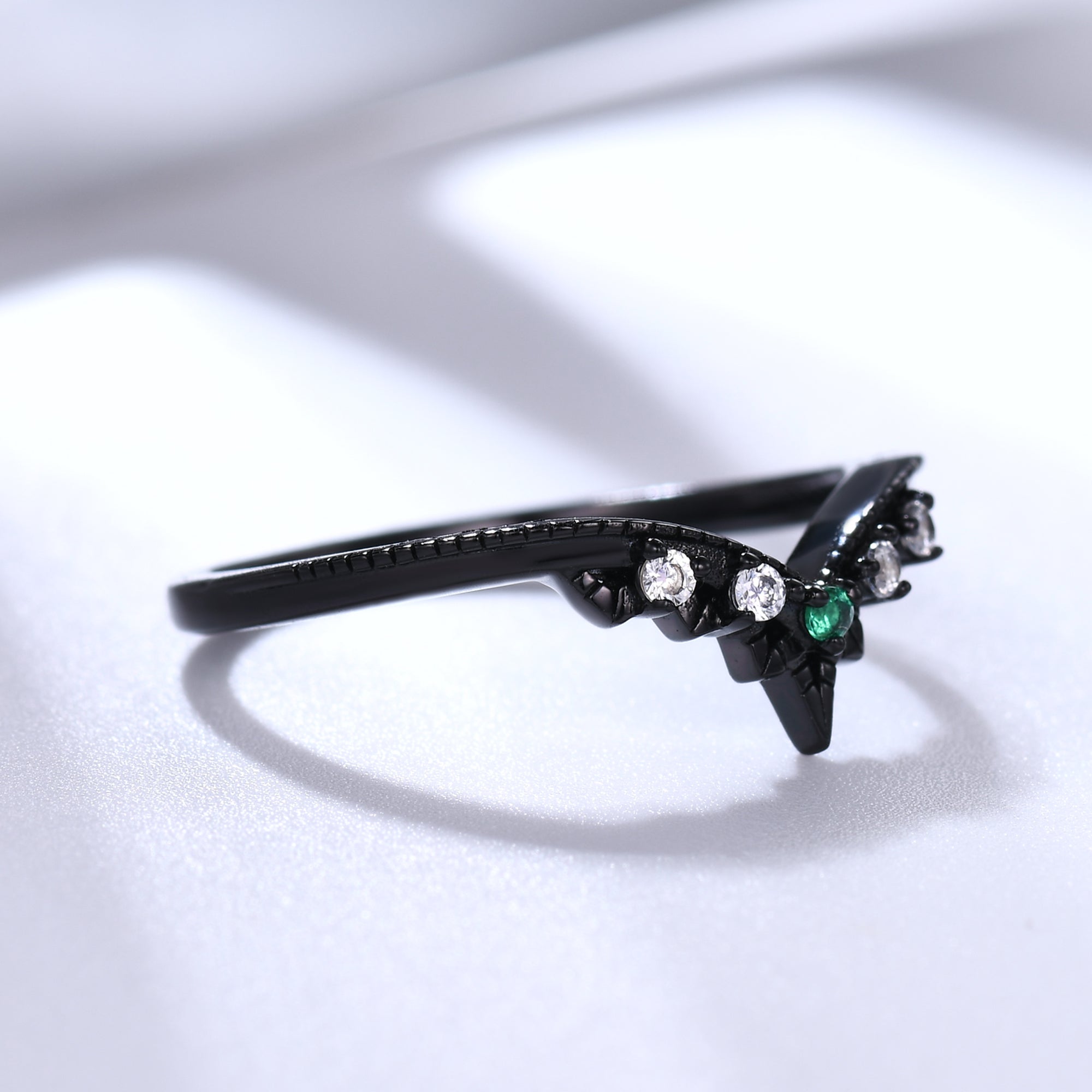 Emerald and Diamond Black Gold Wedding Ring V Chevron Band - Elegant Bridal Jewelry for Women, Perfect for Engagement, Anniversary & Special Occasions