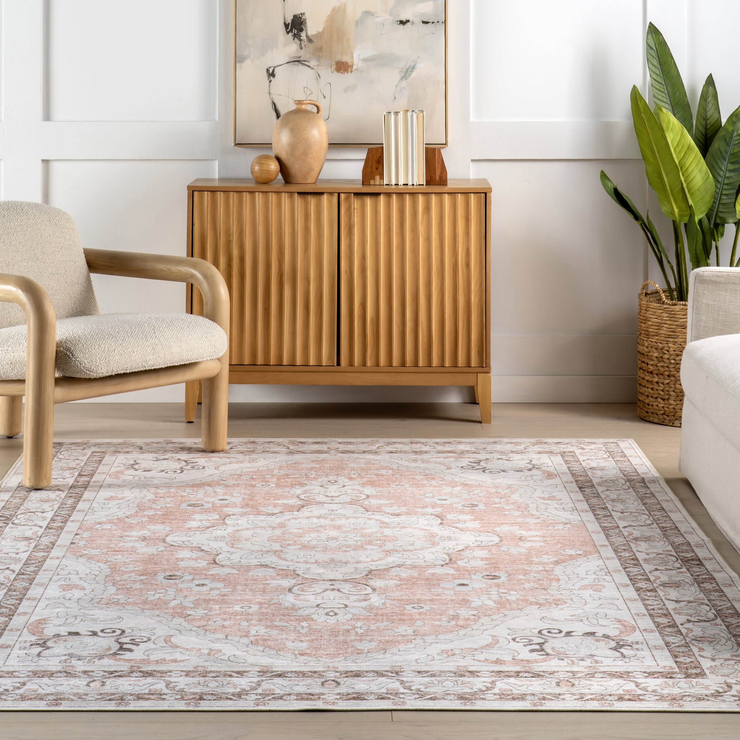 Faded Rosette Spill Proof Washable Rug - Peach Color Non-Slip Area Rug for Living Room, Bedroom, Nursery | Perfect for High Traffic Areas & Pet Friendly Homes