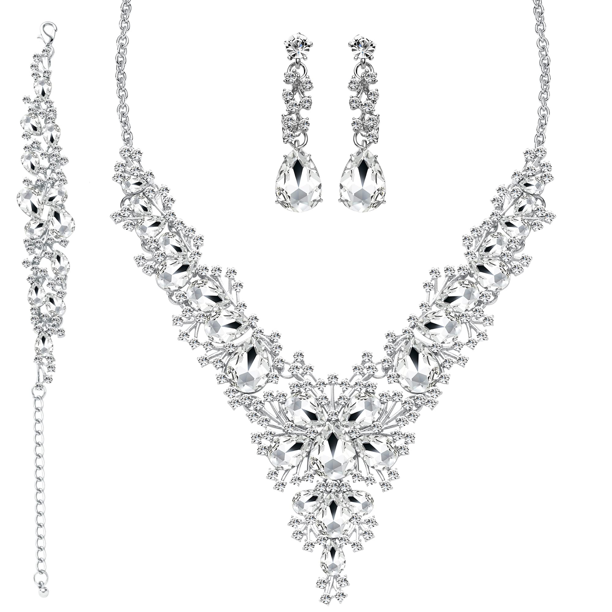 3/4 Piece Rhinestone Crystal Bridal Jewelry Set for Women - Wedding Tiara Crown, Teardrop Necklace, Bracelet & Earrings | Perfect for Bridal, Prom, Evening & Special Occasions