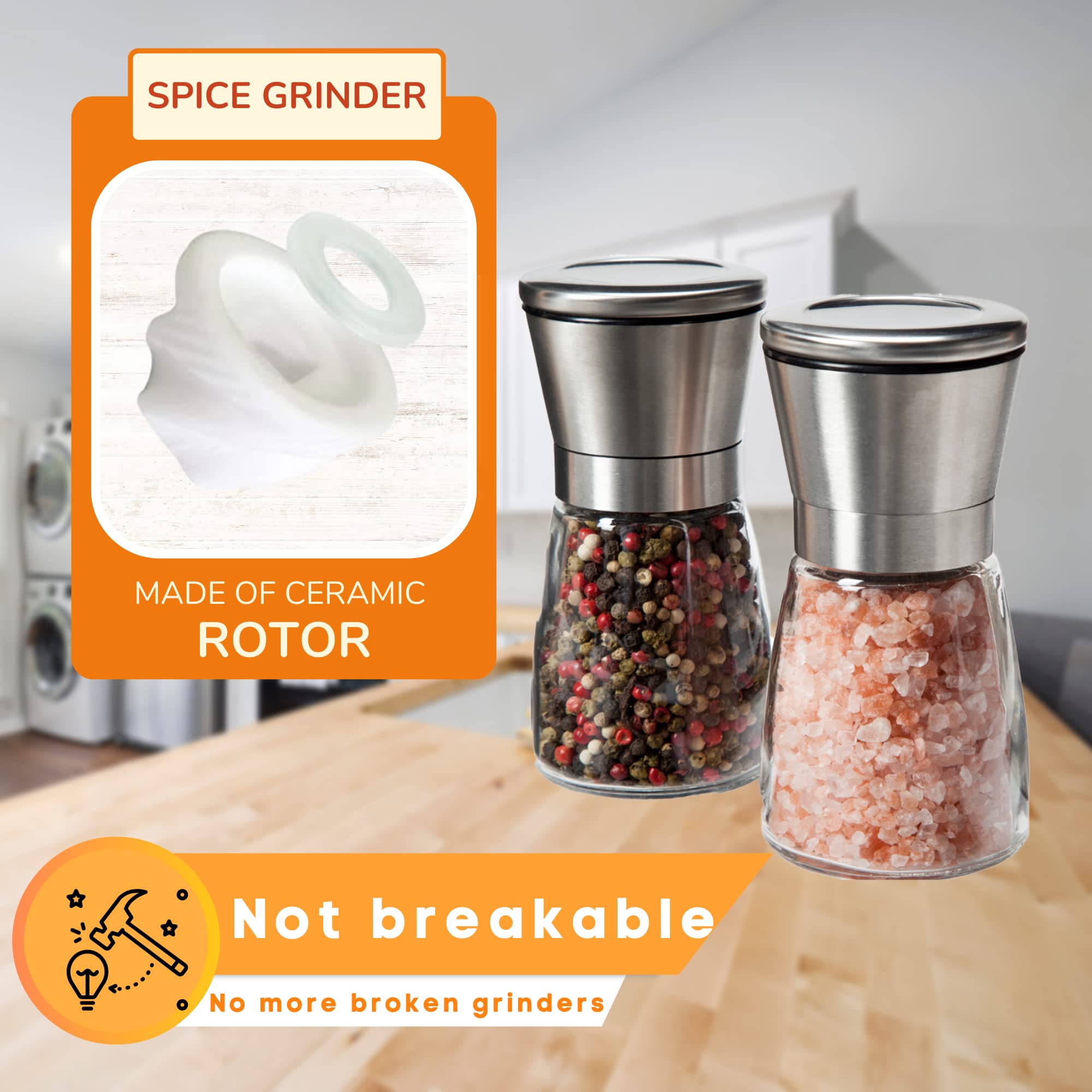 Premium Stainless Steel Salt and Pepper Grinder Set with Ceramic Mill - Adjustable Coarseness for Freshly Ground Spices - Includes Bamboo Spoon & Cleaning Brush - Perfect for Kitchen, Dining Table & Gourmet Cooking