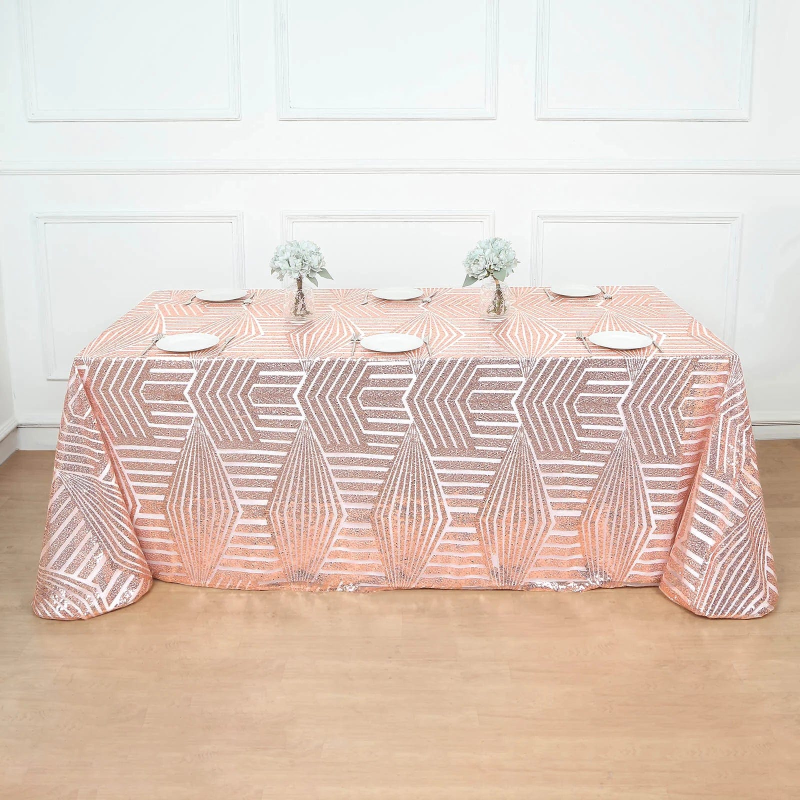 90x132 Inch Sparkling Sequin Geometric Tulle Tablecloth - Elegant Rectangular Wedding, Party, and Banquet Decor