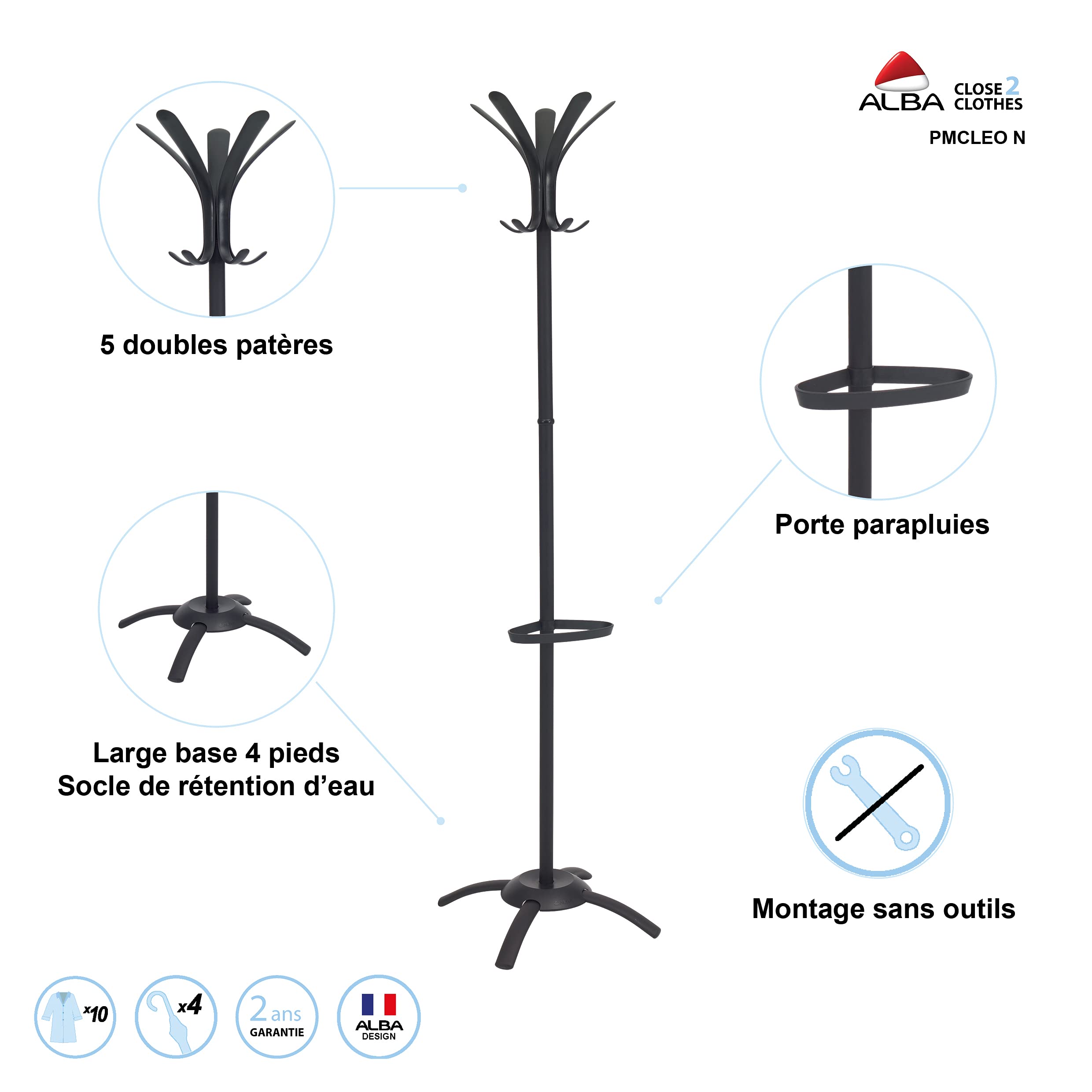 Black Coat Stand - Premium Wooden Coat Rack with Hooks for Jackets, Hats & Scarves | Sturdy Freestanding Entryway Organizer for Hallway, Bedroom & Office (PMCLEON)