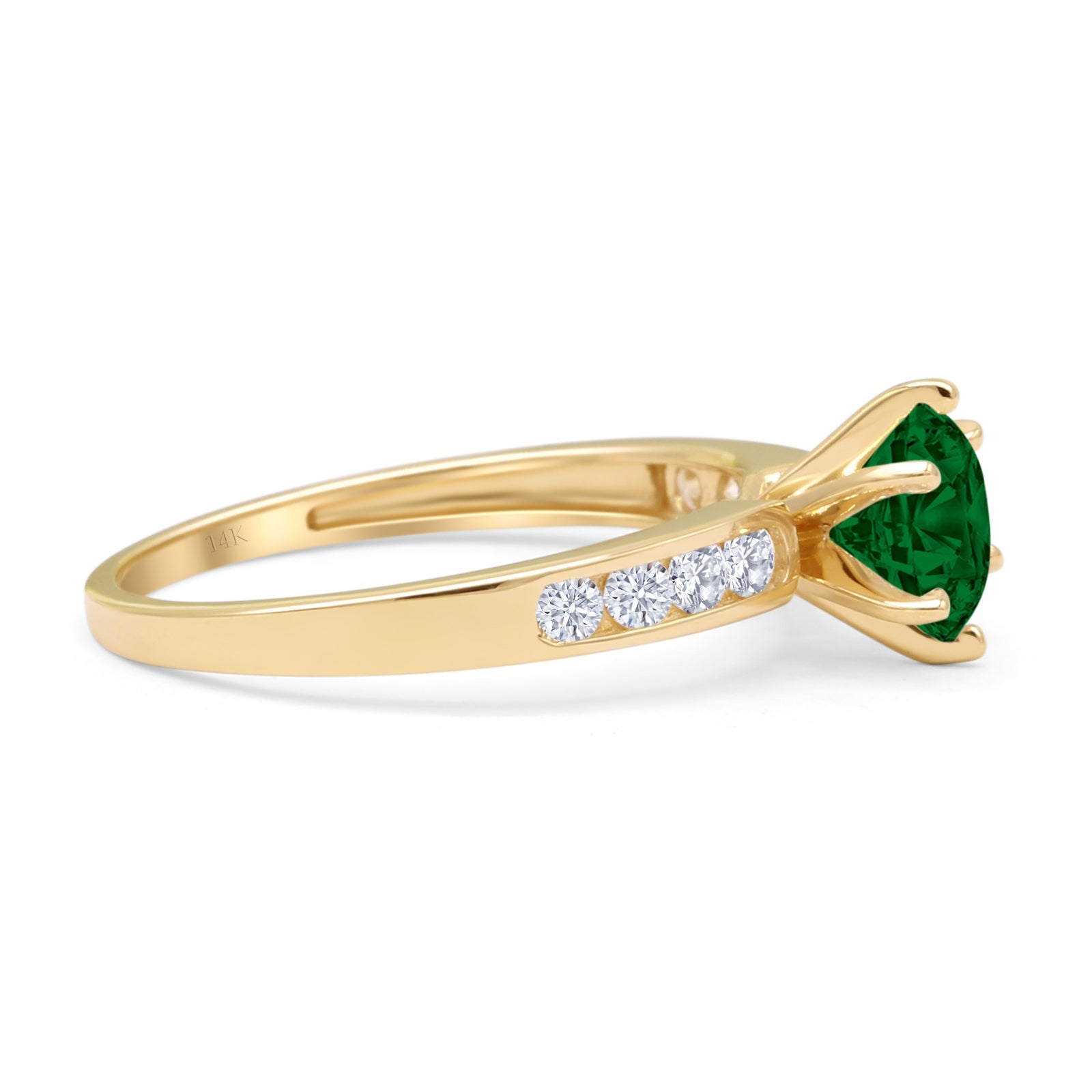 14K Yellow Gold Round Green Emerald CZ Cathedral Ring for Women – Elegant Vintage Wedding, Engagement & Party Jewelry – Perfect Gift for Her