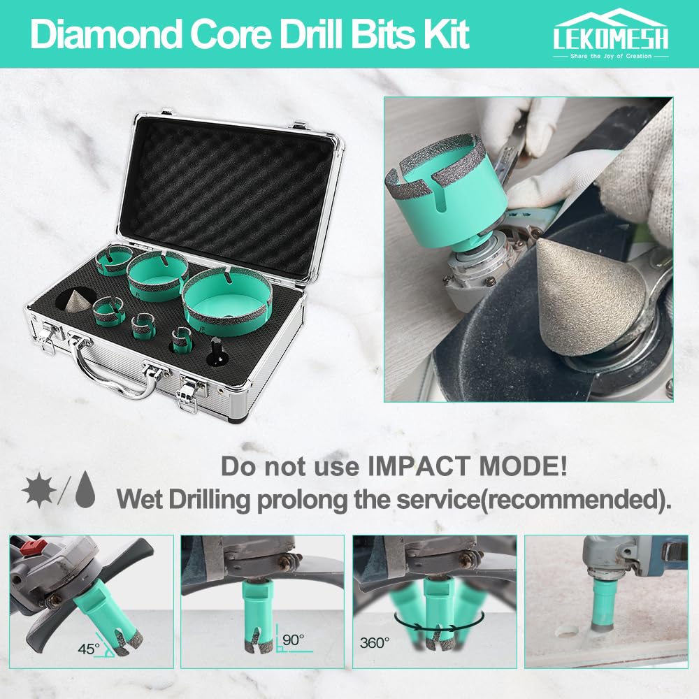 Premium Diamond Core Drill Bits Kit - 8pcs (20/25/35/50/75/100mm + 50mm Beveling Chamfer Bit + SDS Shank Adapter) for Porcelain Tile, Ceramic, Granite, Marble & Masonry Stone - Professional Hole Saw Kit for Bathroom Renovation, Kitchen Backsplash & Stone Countertop Installation