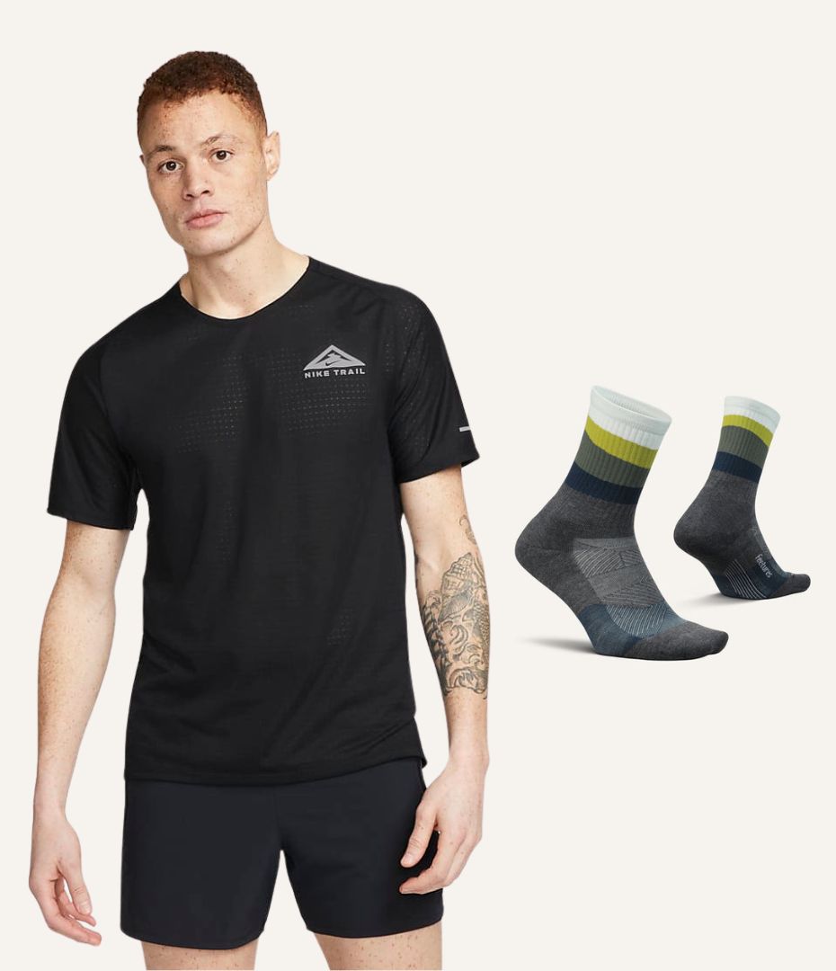**Men's Hiking Trail Running T-Shirt & Moisture-Wicking Socks Bundle - Perfect for Outdoor Adventures, Camping & Backpacking**