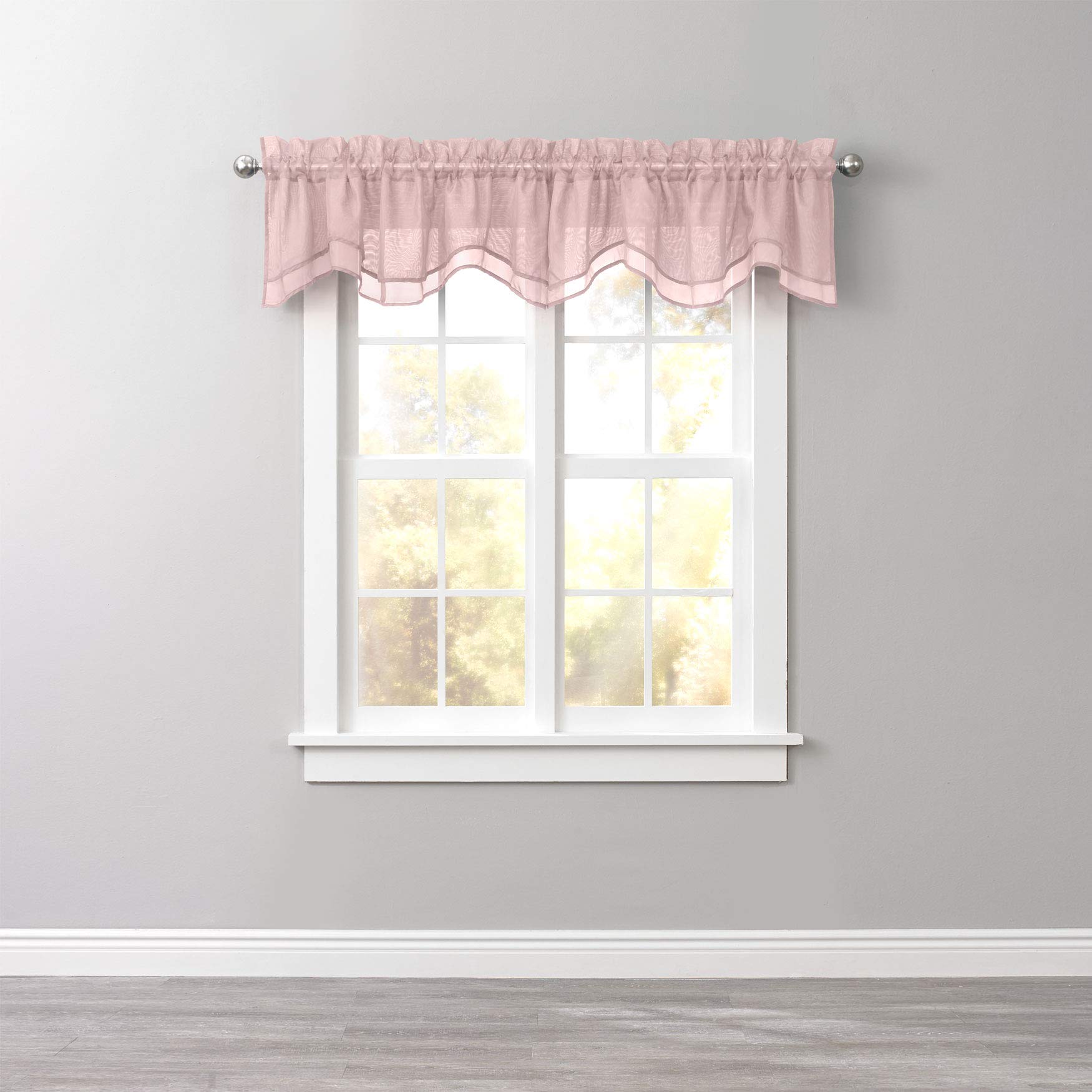 BrylaneHome BH Studio Sheer Voile Layered Valance Window Curtain - Pale Rose for Living Room, Bedroom & Kitchen Decor