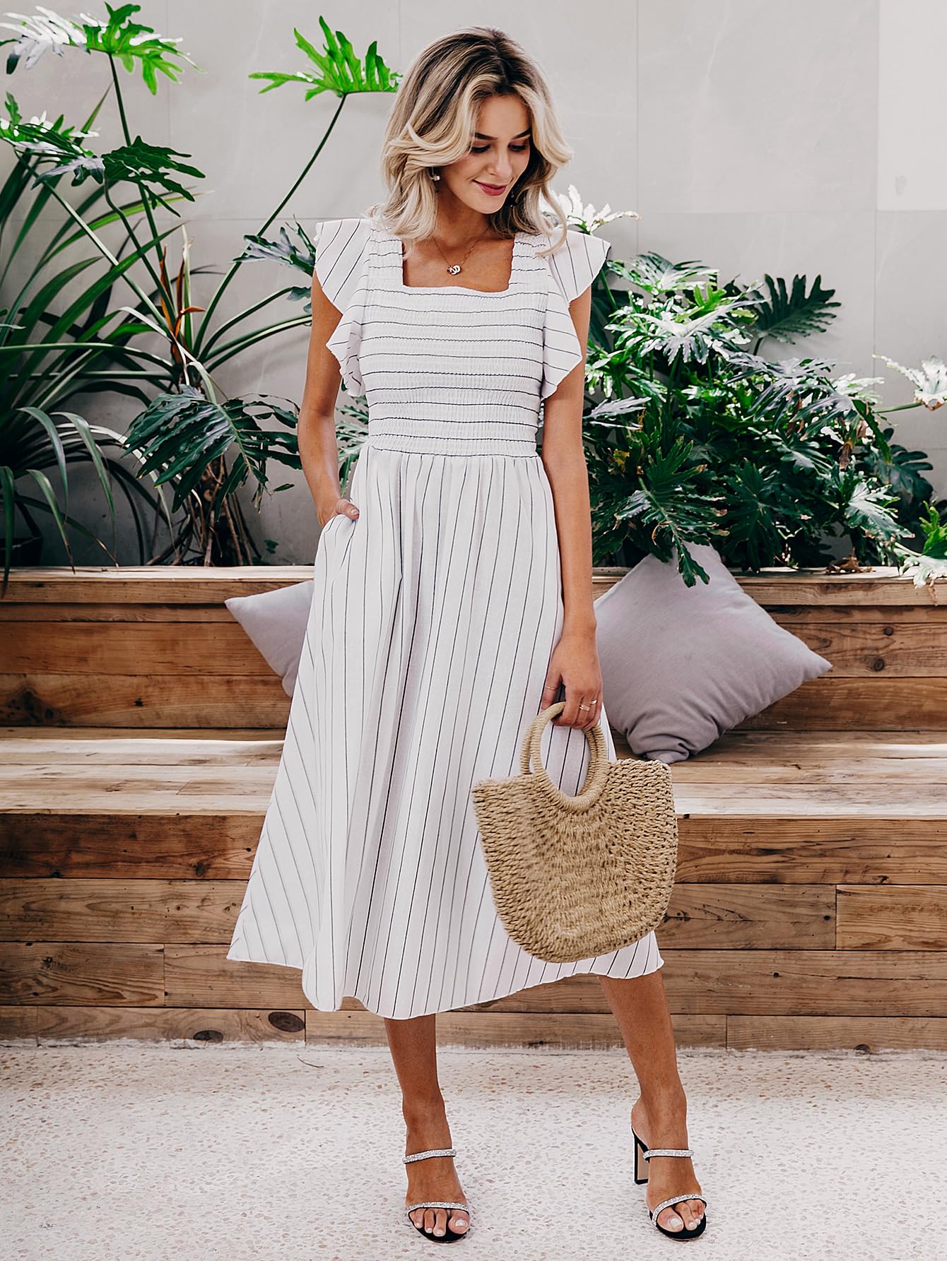 Miessial Women's Casual Summer Midi Dress - Short Sleeve Smocked Linen Boho Dress with Pockets | Beach Wedding Guest Outfit, Vacation Dress, Garden Party Attire