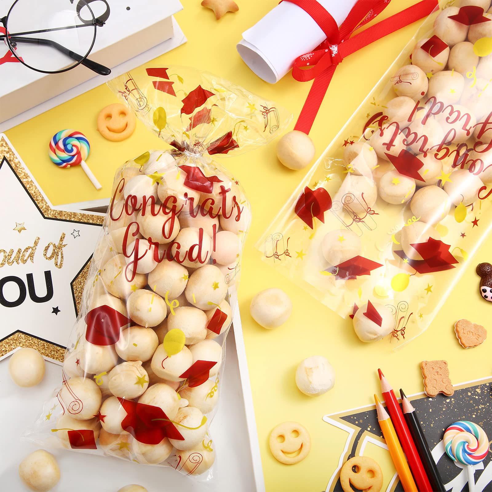 Blulu 100-Pack Graduation Cellophane Treat Bags with Silver Twist Ties - Maroon & Gold Candy Wrapping Gift Bags for Congrats Graduates - Perfect for Grad Party Favors, School Celebrations & Diploma Ceremonies