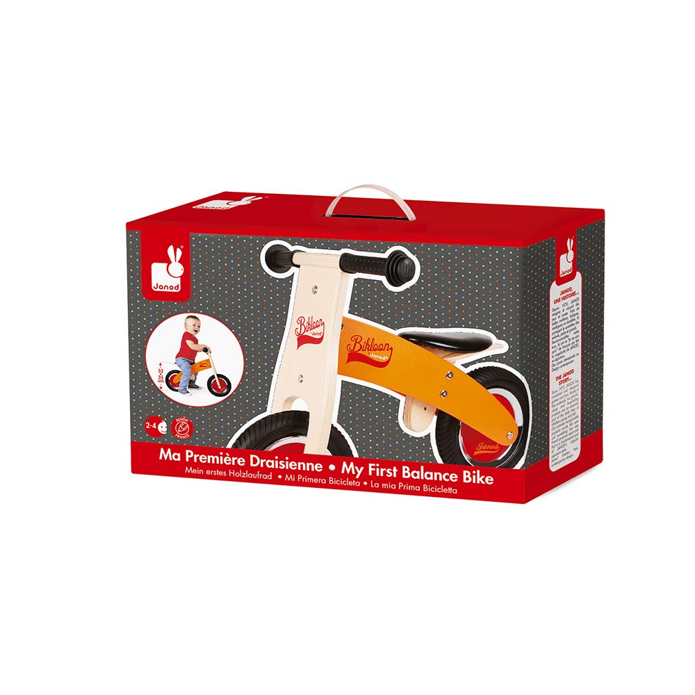 Janod Wooden Balance Bike for Toddlers - Little Bikloon First Bike in Orange & Red - Learn Balance & Independence - Ages 2+ (J03263) - Perfect for Outdoor Play, Park Rides & Early Childhood Development
