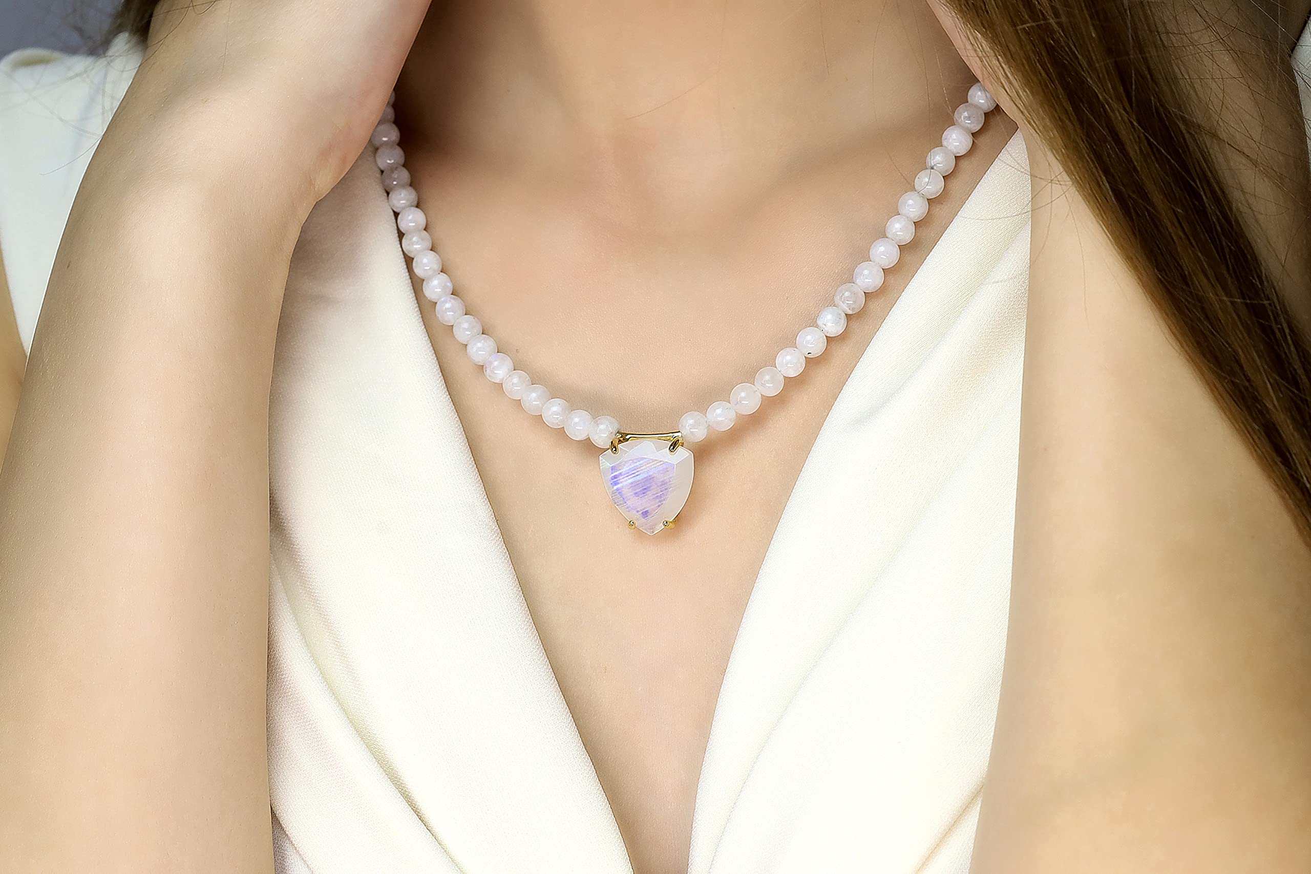 Beaded Moonstone Necklace with Trillion Cut Pendant - 14K Gold Vermeil Gemstone Jewelry for Women - June Birthstone Gift, Bridal Necklace | Perfect for Weddings, Anniversaries & Special Occasions
