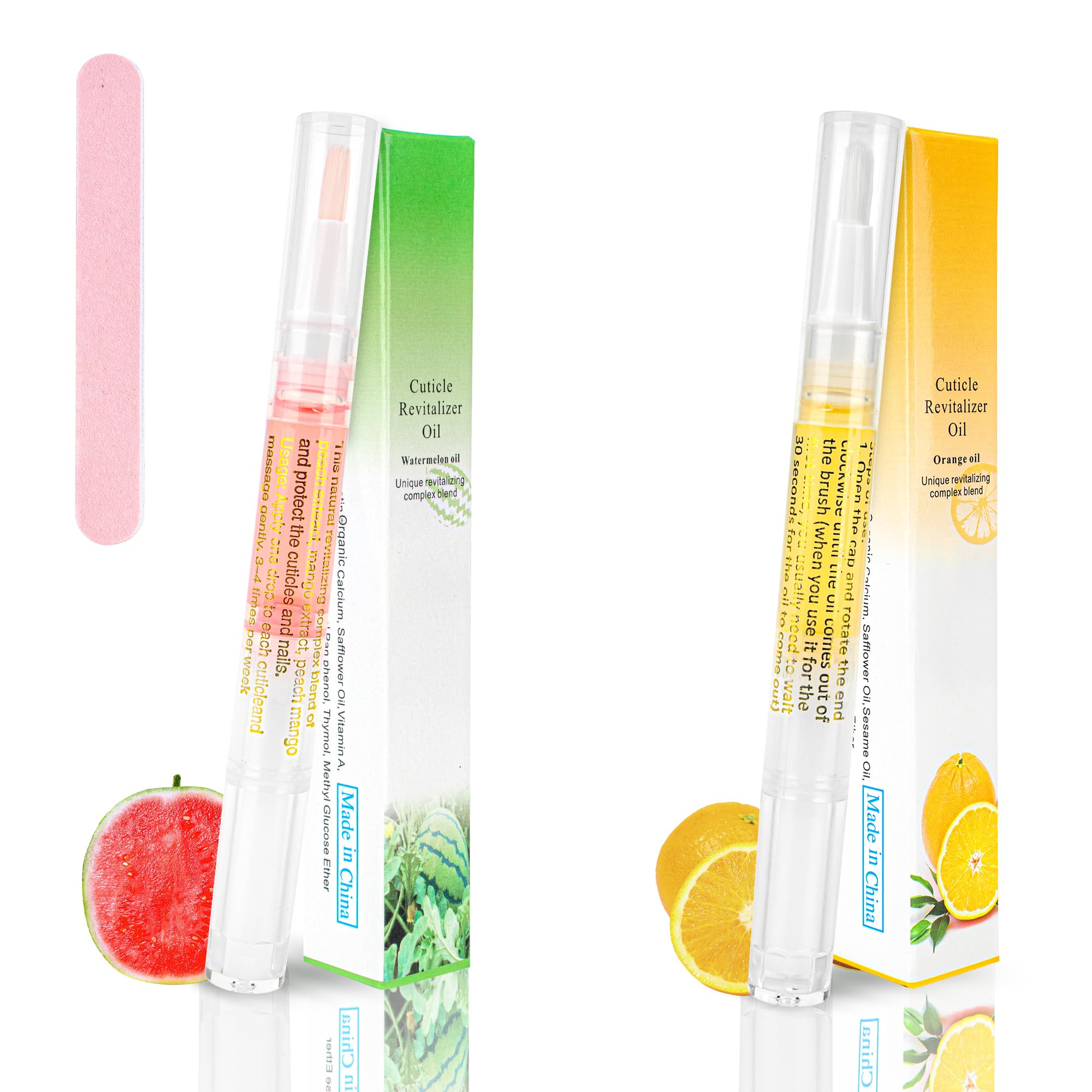 2PCS Cuticle Oil Pen for Nails - Nail Care Oil with Nail File - Moisturizing Cuticle Treatment to Prevent Dryness, Cracking & Hangnails - Deep Nourishment (Orange & Watermelon Flavor) - Perfect for At-Home Manicures & Professional Salon Use