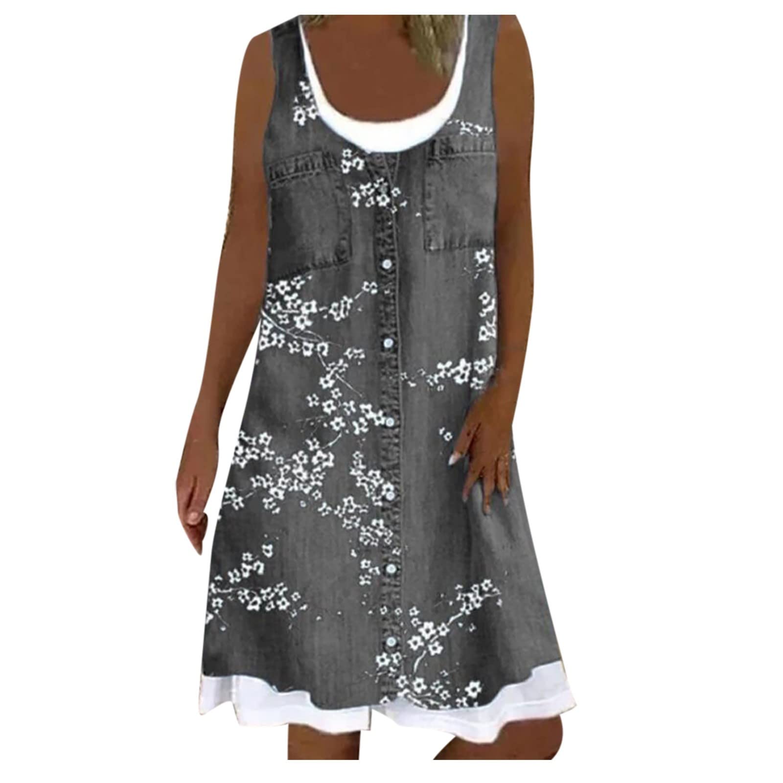 Women's Casual Denim Dress - Sleeveless Floral Print Jean Shirt Dress with Button Down Design | Perfect for Summer Outfits, Beach Vacations & Casual Date Nights