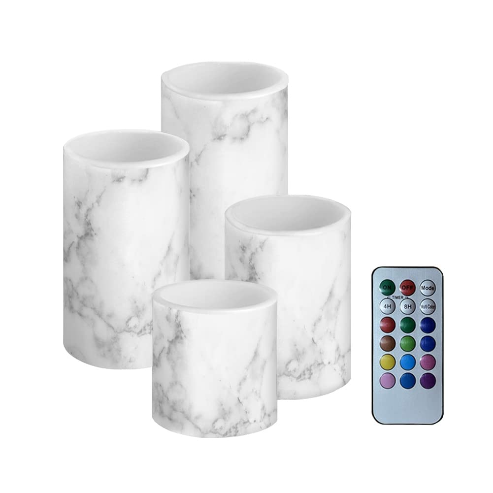 Flameless LED Candles Set of 4 - White Marble Print Battery Operated Candles with Timer & Remote Control - Realistic Flickering Pillar Candles for Home Decor, Wedding Centerpieces, Tabletop Displays - Perfect for Indoor & Outdoor Use in Living Room, Patio, Dining Table, and Special Events