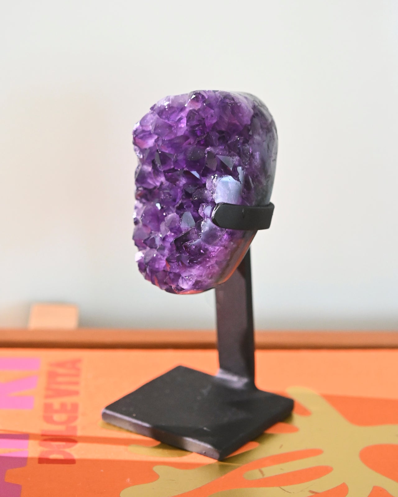 Natural Amethyst Crystal Geode on Wooden Stand - 3lbs Raw Purple Quartz Cluster for Home Decor, Meditation & Healing | Perfect for Living Room, Office & Spiritual Space