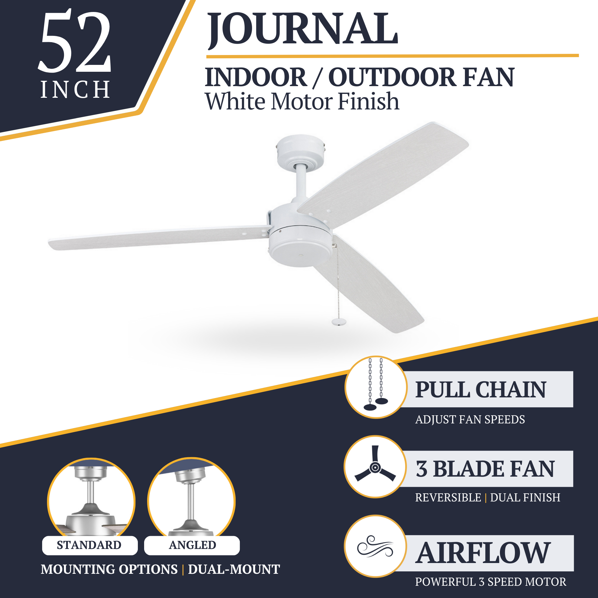52 Inch Bright White Indoor/Outdoor Ceiling Fan with Pull Chain - Perfect for Living Room, Bedroom, Patio & Covered Porch