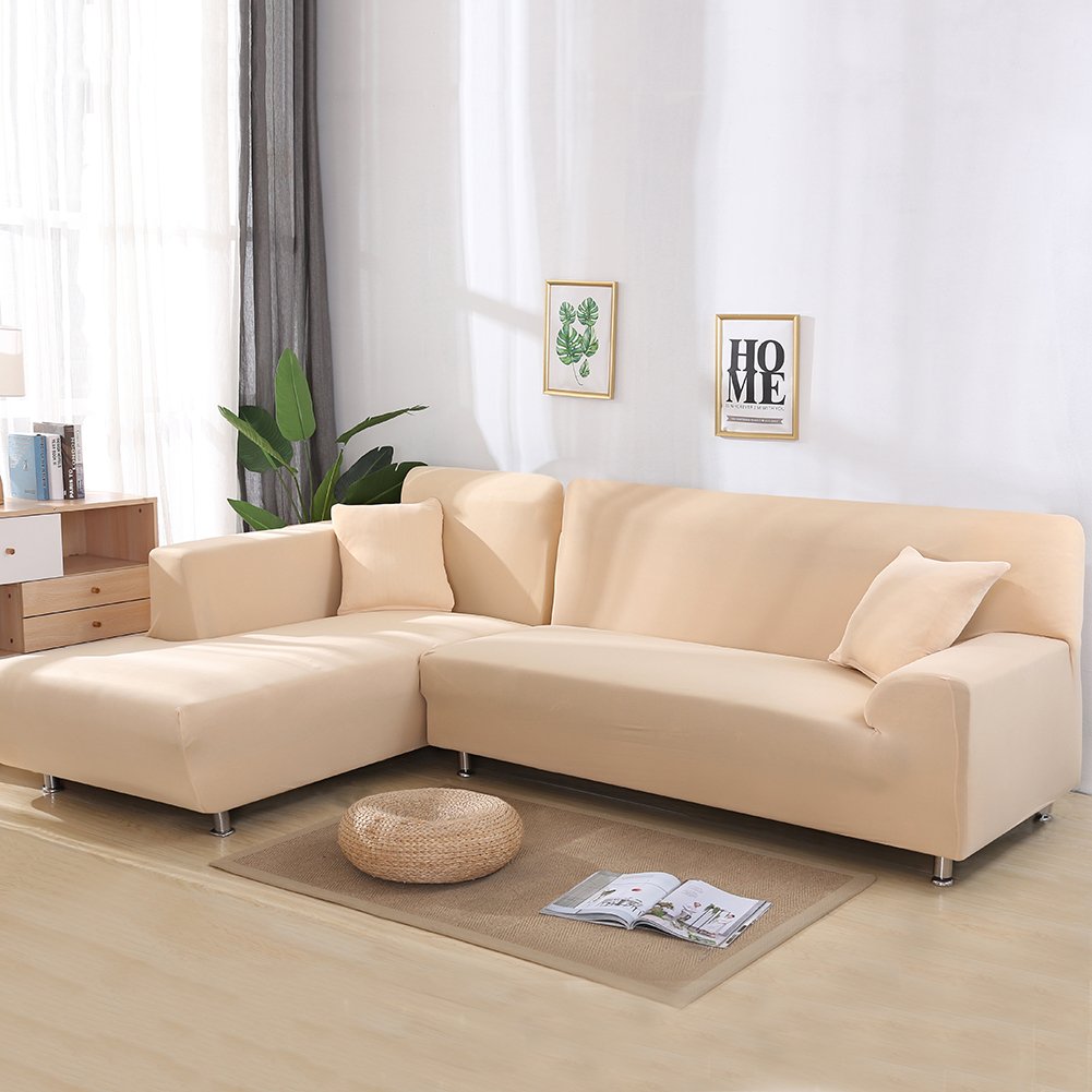 MIFXIN L-Shaped Sectional Sofa Covers 2-Piece Set - Stretchable Soft Slipcovers for Furniture Protection - Fits Living Room Sectional Couches & Chaises - Beige - Perfect for Pet Owners & Family Gatherings